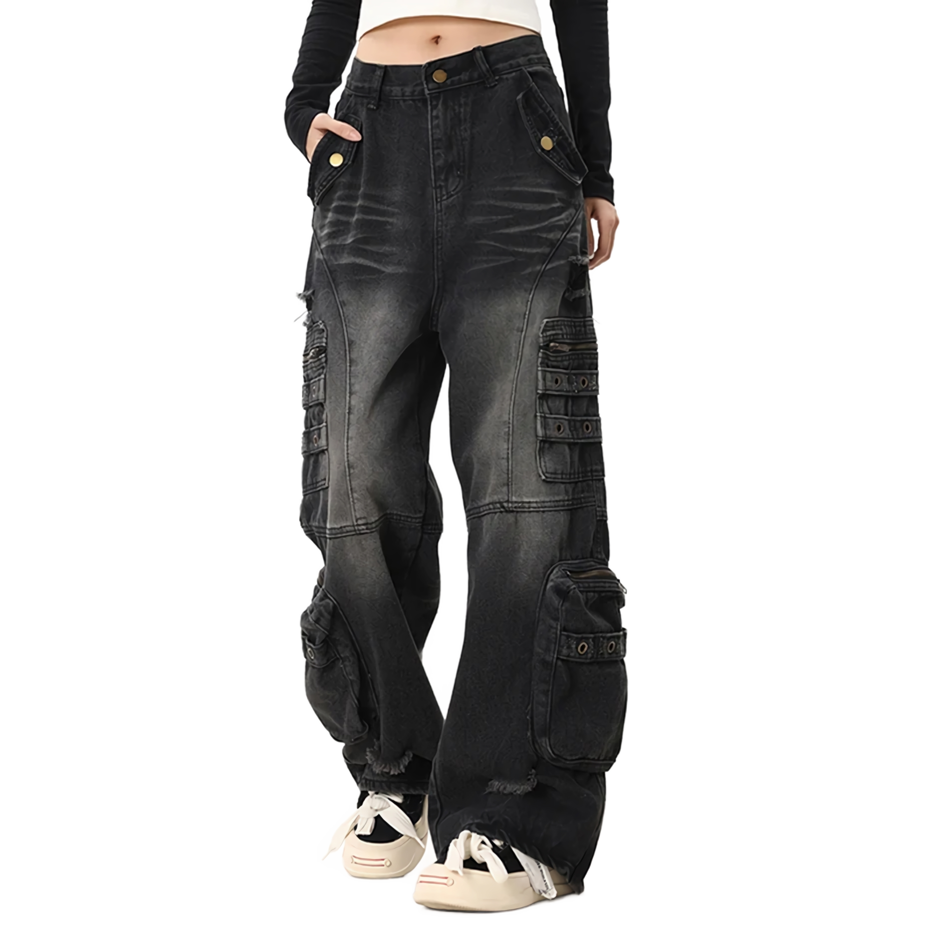 Distressed Black Cargo Denim Jeans - Edgy Streetwear Pants