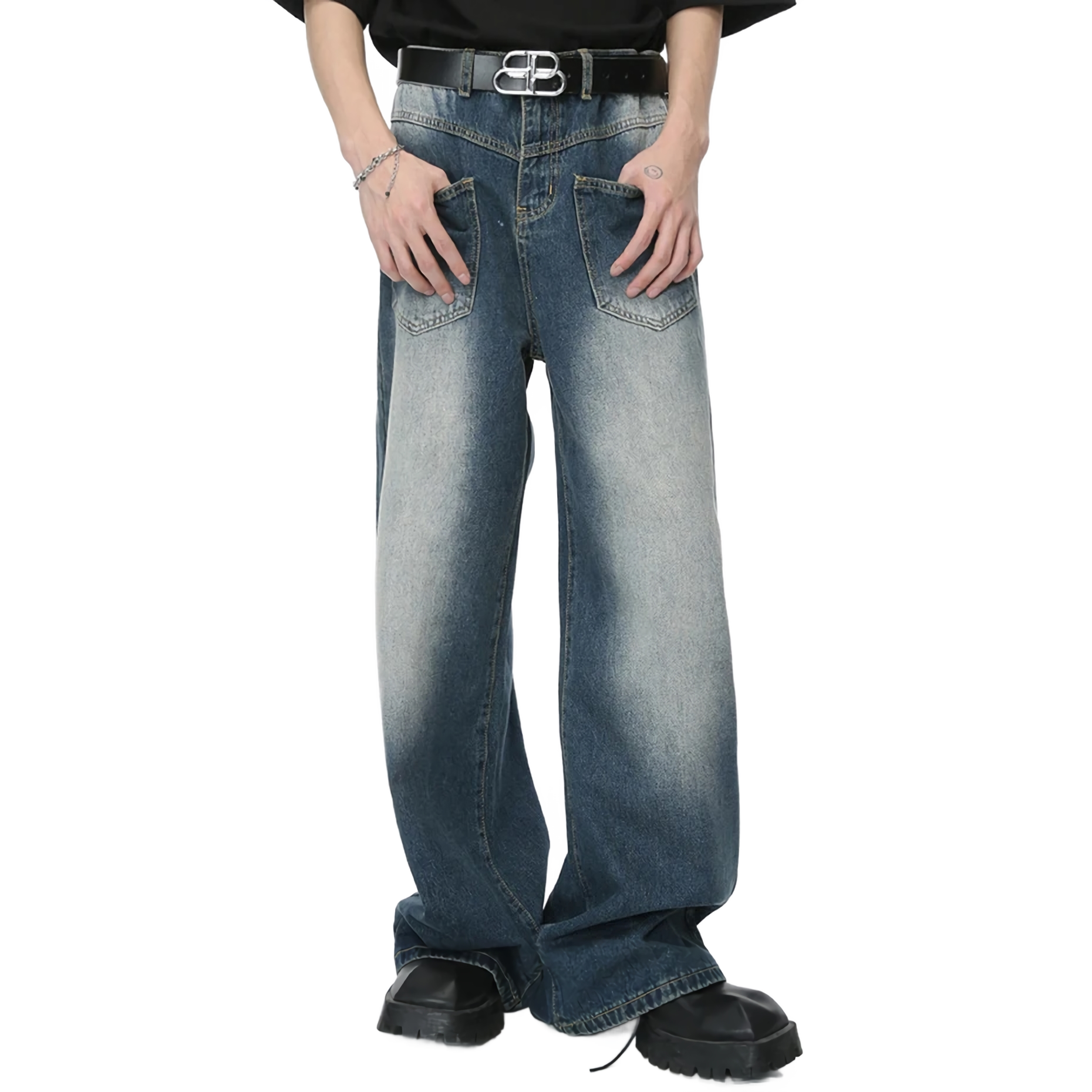 Reverse Pocket Vintage Faded Straight-Leg Jeans