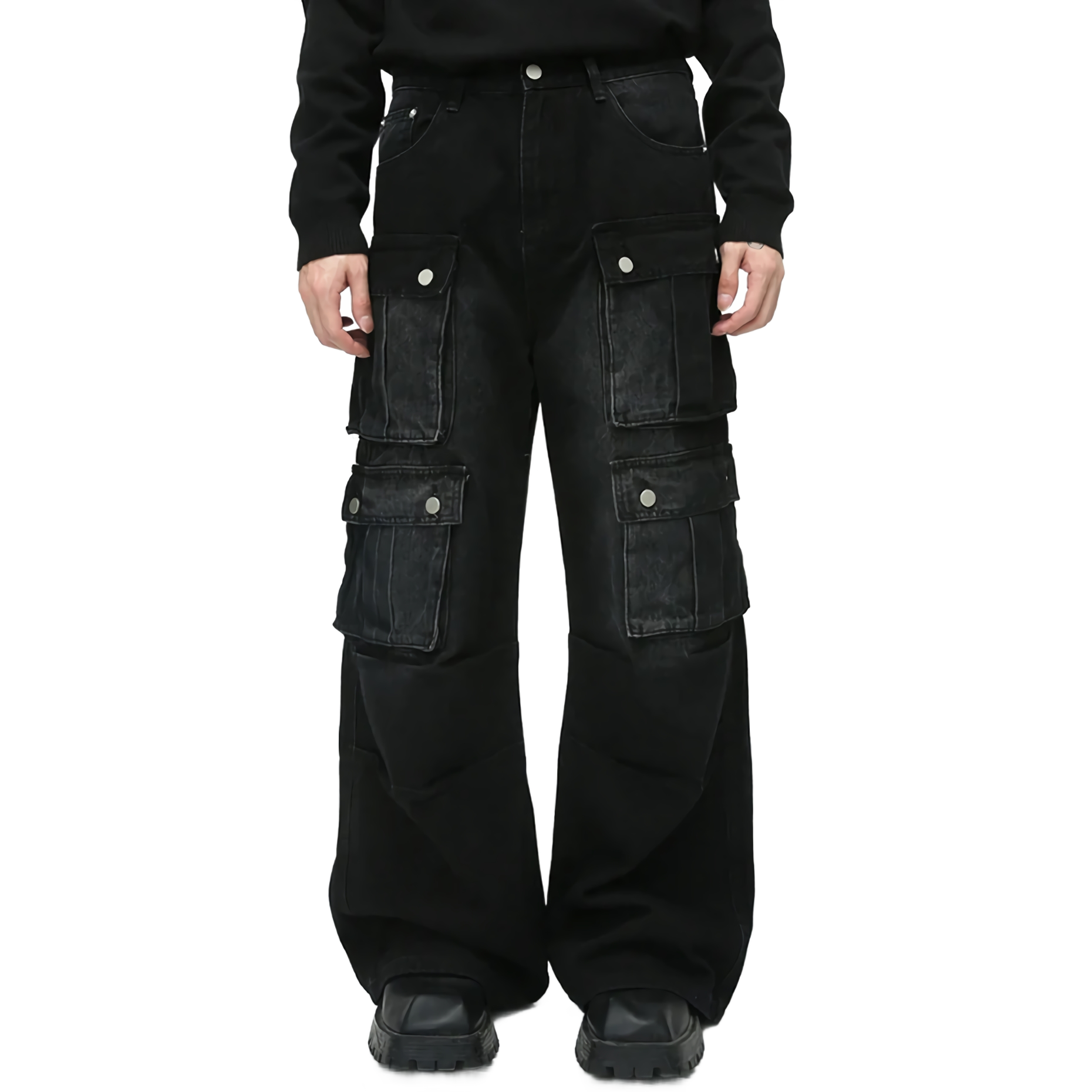 Jeans de carga de bolsillo múltiple negro