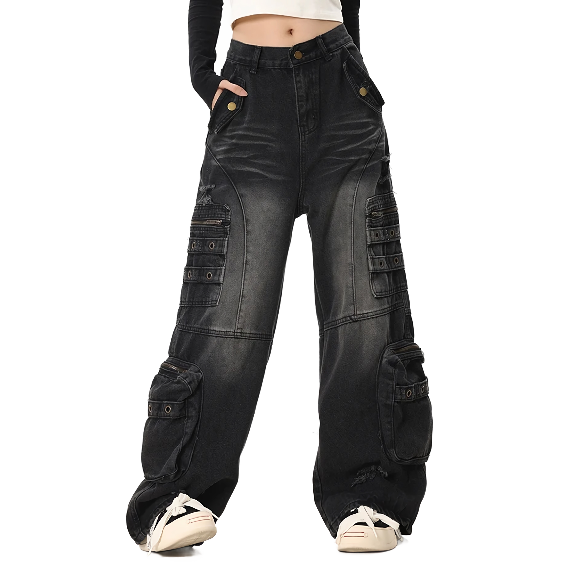 Distressed Black Cargo Denim Jeans - Edgy Streetwear Pants