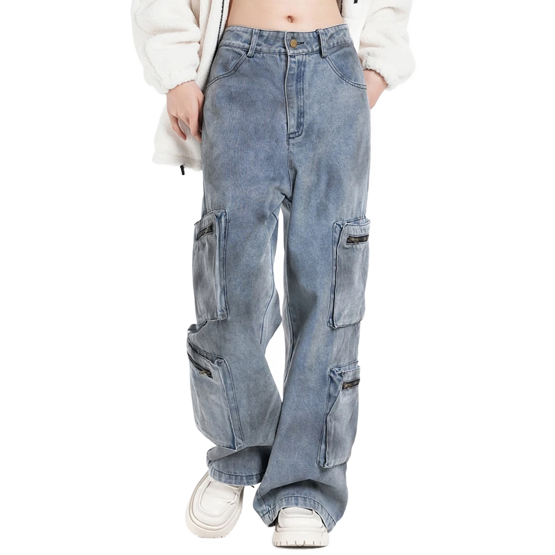 Blue Cargo Pocket Wide-Leg Jeans