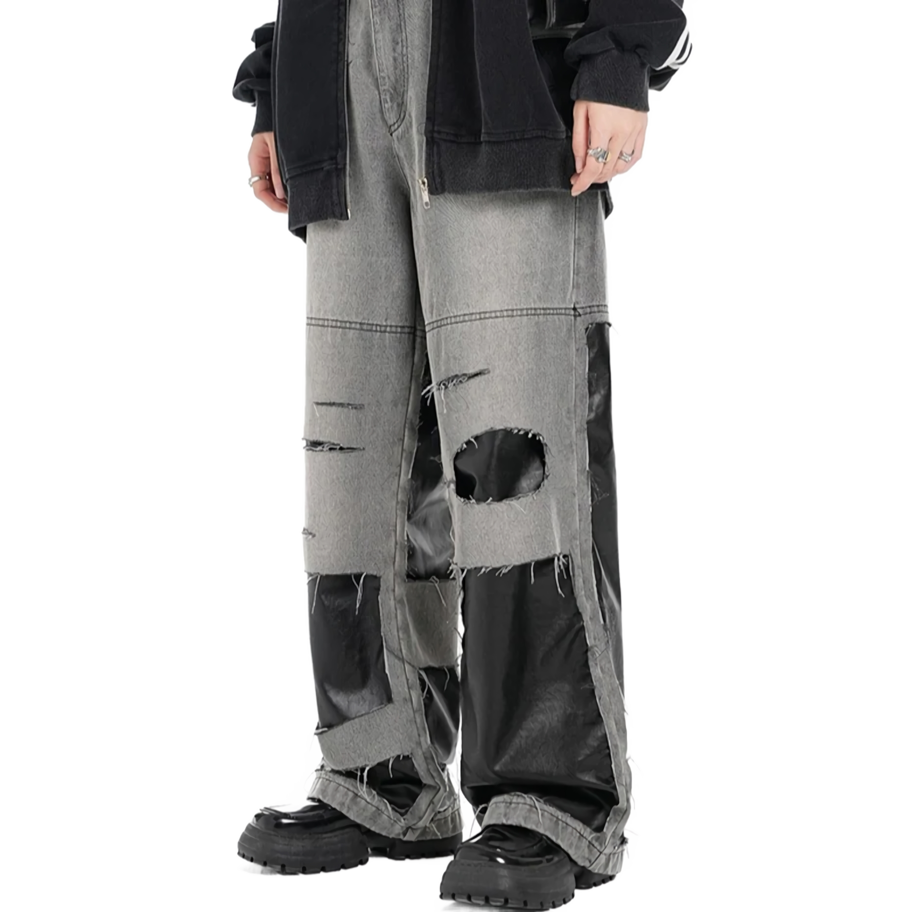 Patchwork grises angustiados jeans de pierna ancha