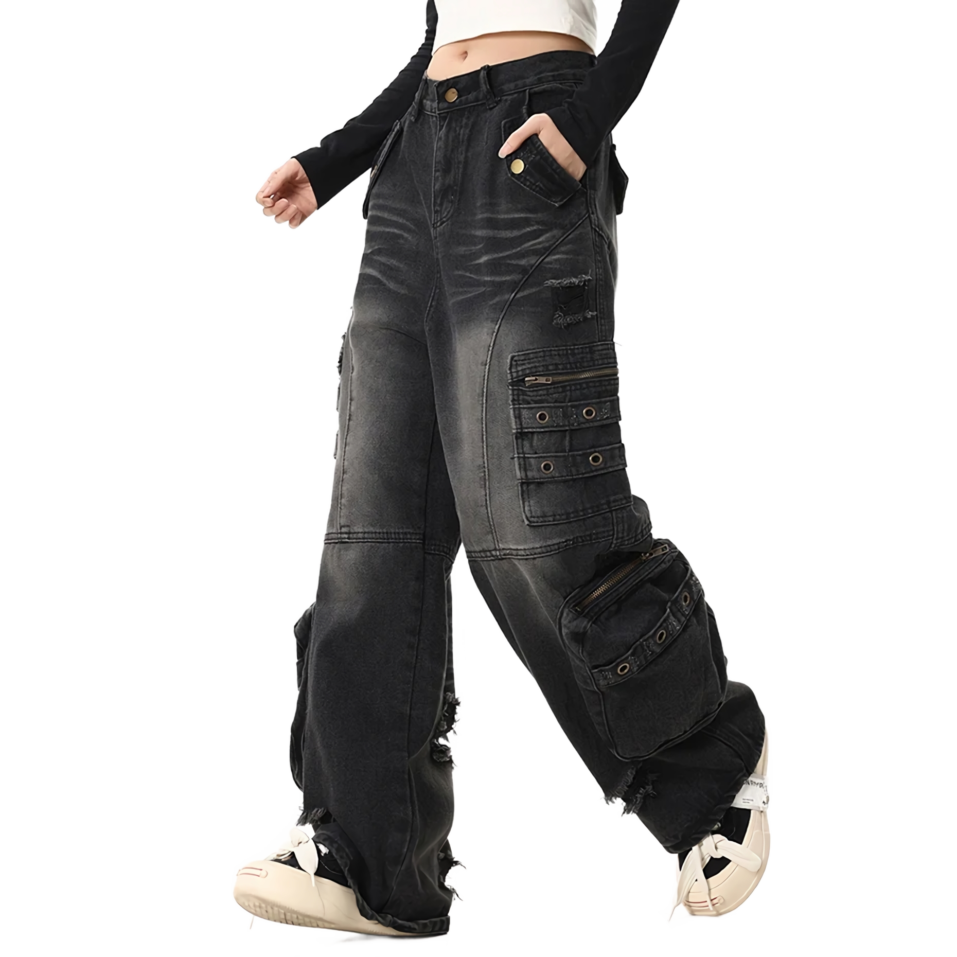 Distressed Black Cargo Denim Jeans - Edgy Streetwear Pants