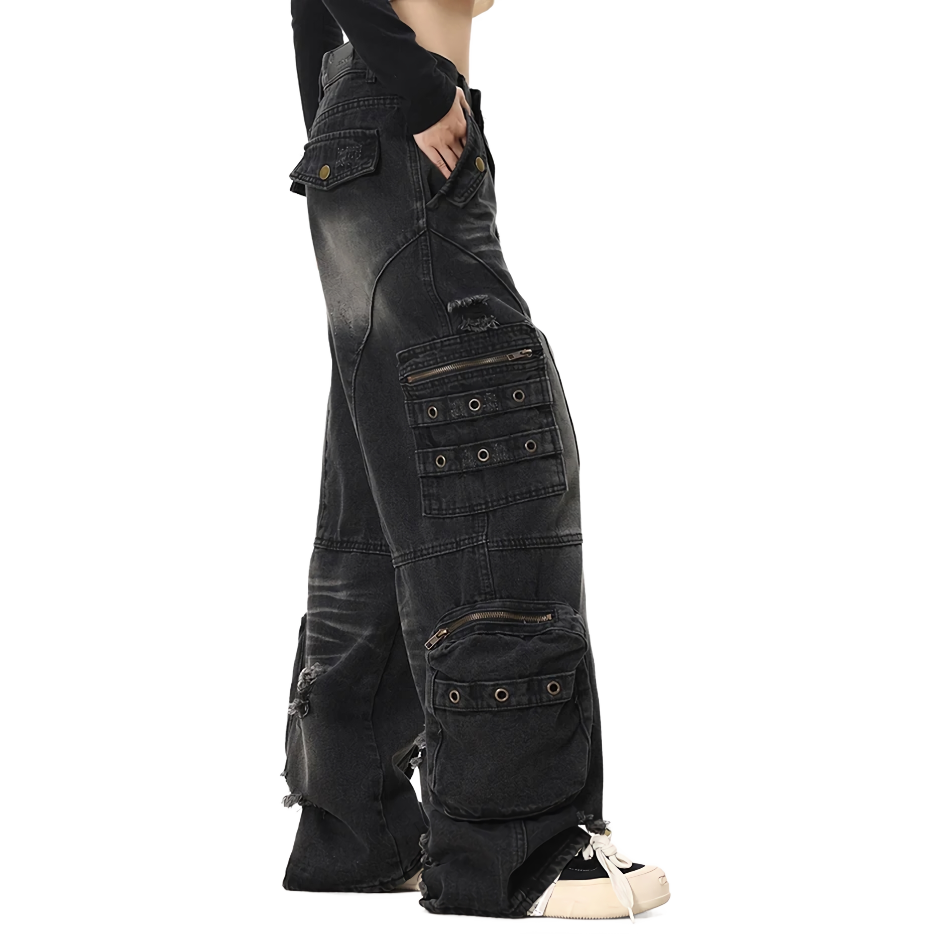 Distressed Black Cargo Denim Jeans - Edgy Streetwear Pants