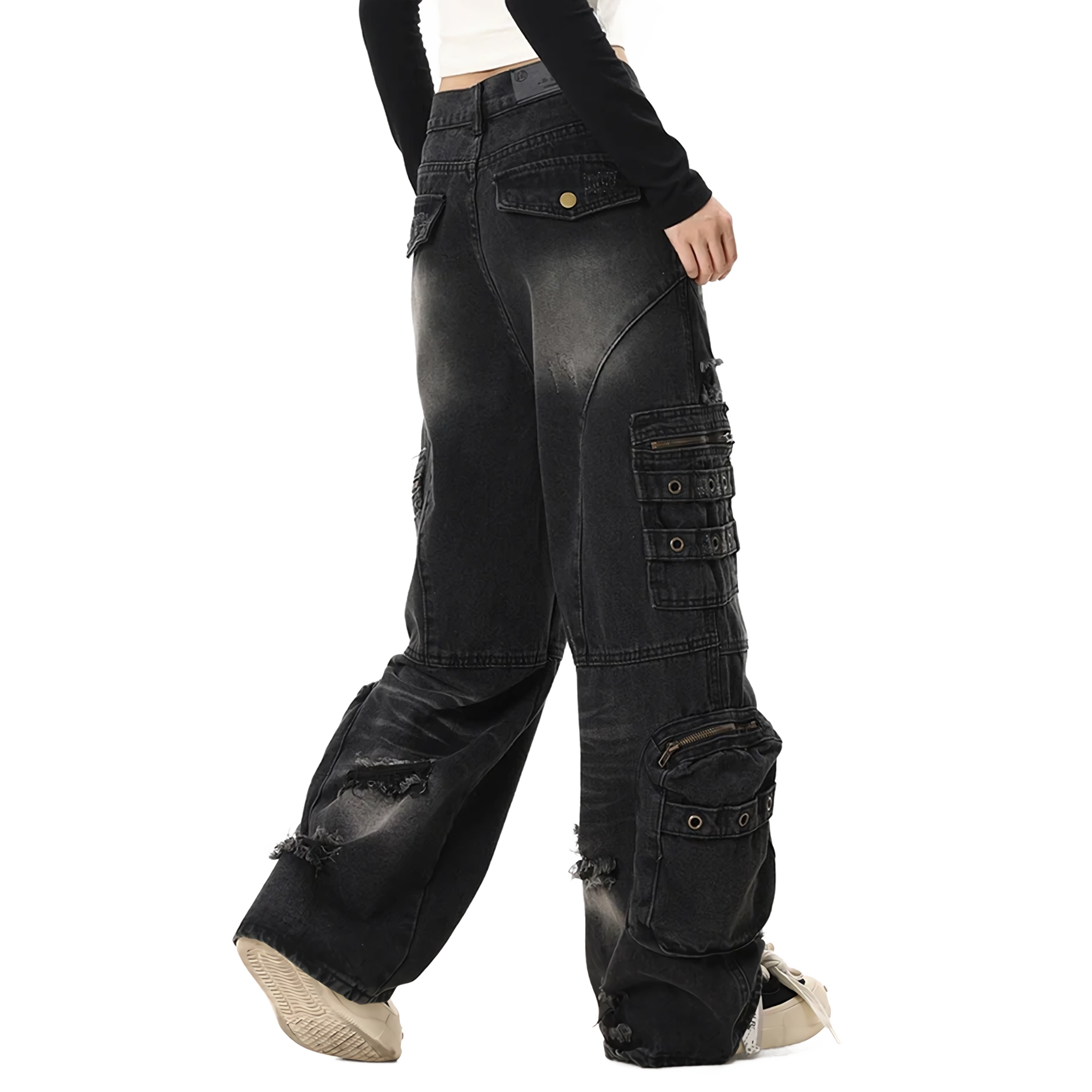 Distressed Black Cargo Denim Jeans - Edgy Streetwear Pants