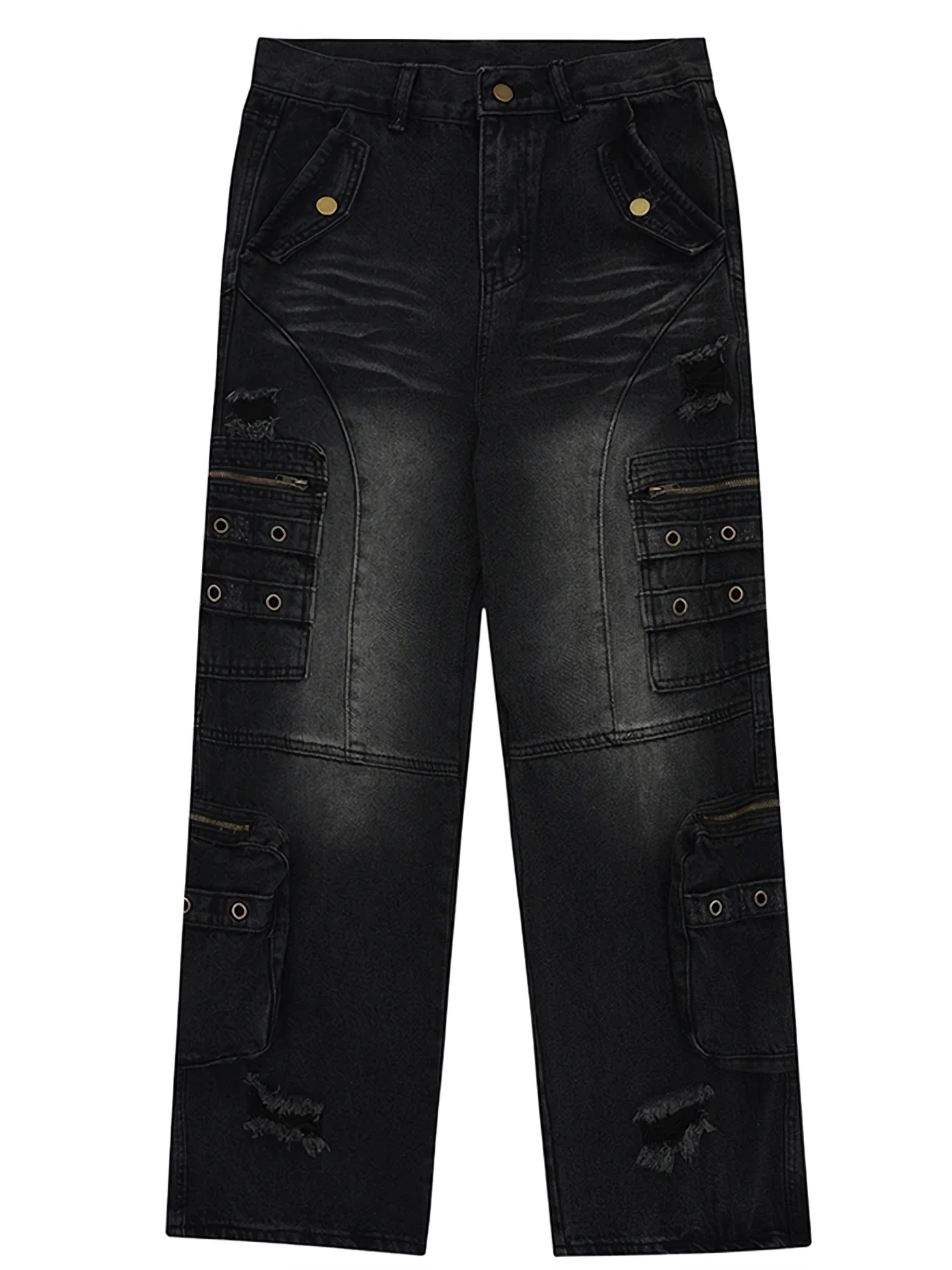 Jeans en denim de cargaison noire en détresse - pantalon de streetwear énervé