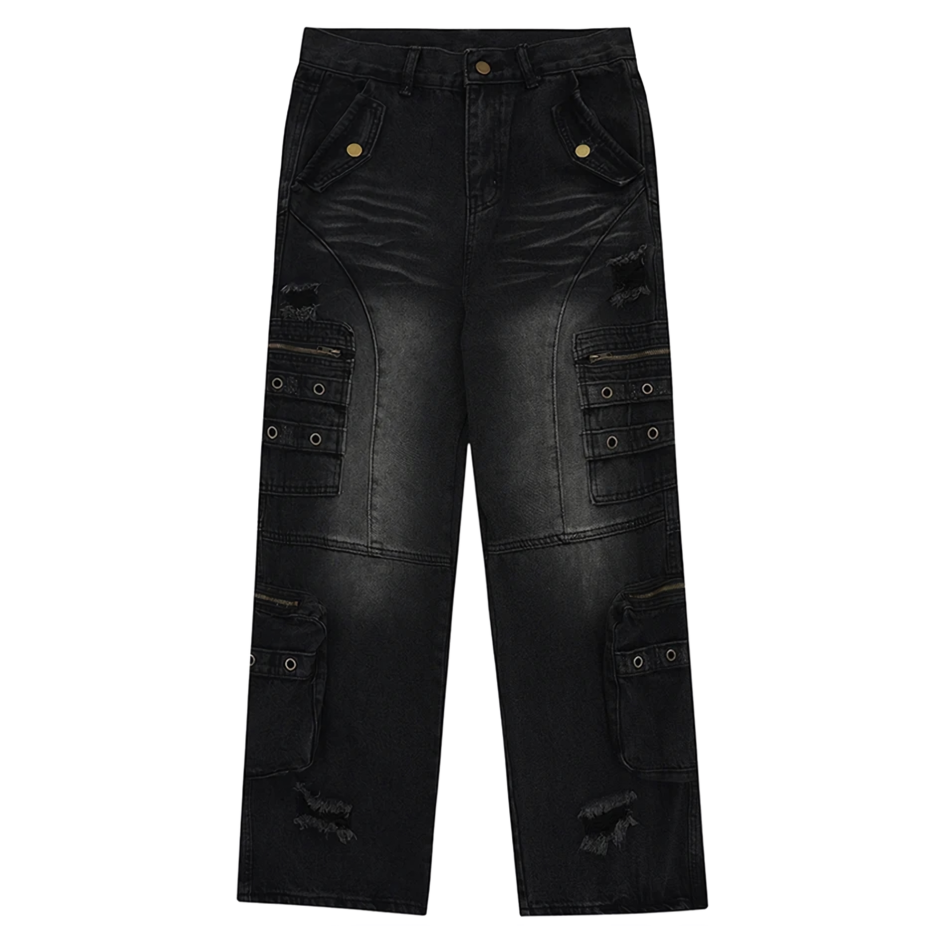 Distressed Black Cargo Denim Jeans - Edgy Streetwear Pants