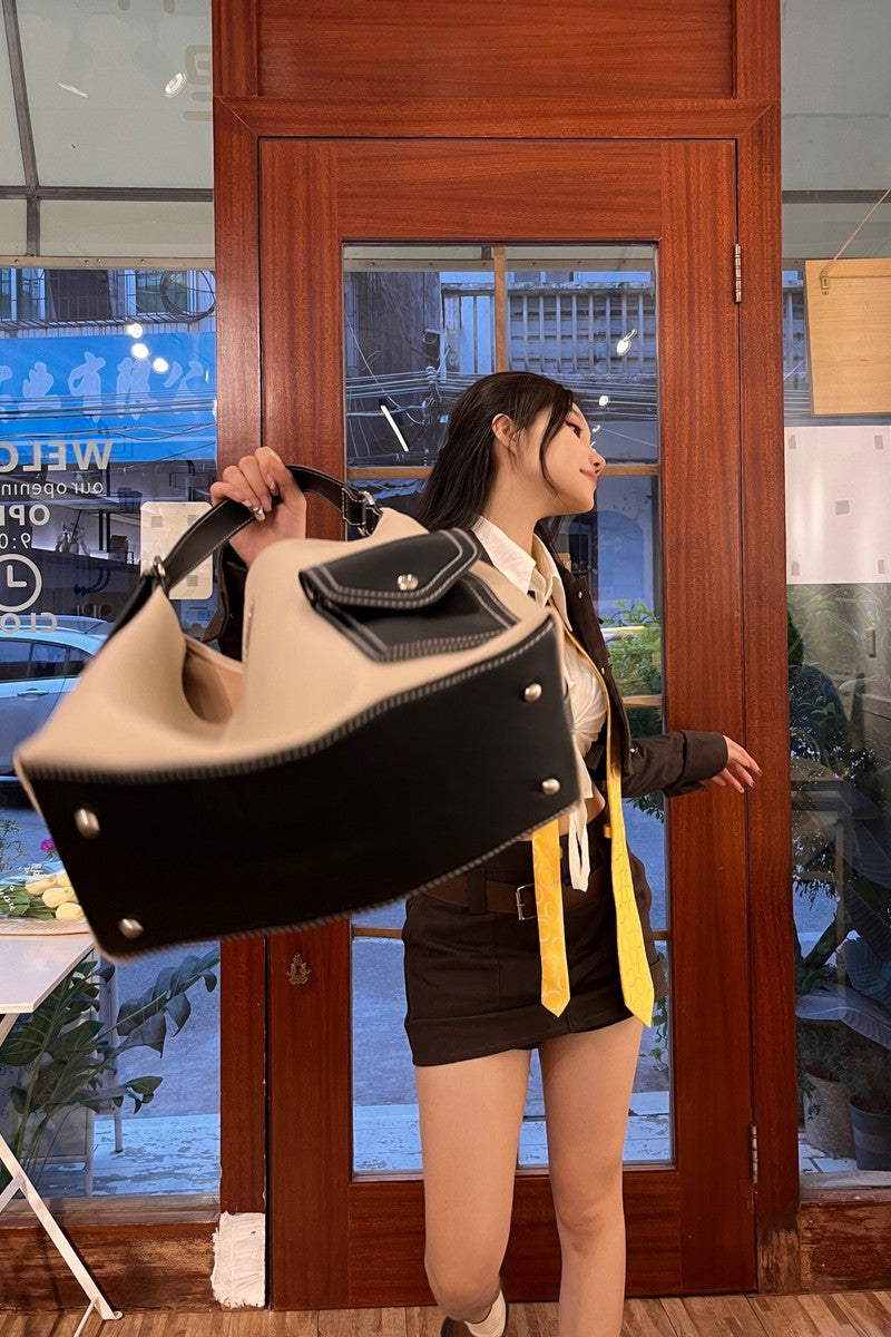 Cream and Black Front Pocket Hobo Bag