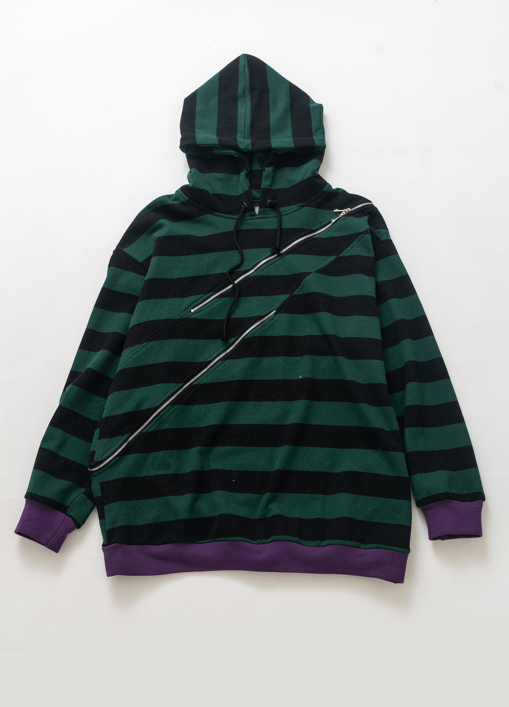 Diagonal Zip Hooded Striped Sweatshirt - chiclara