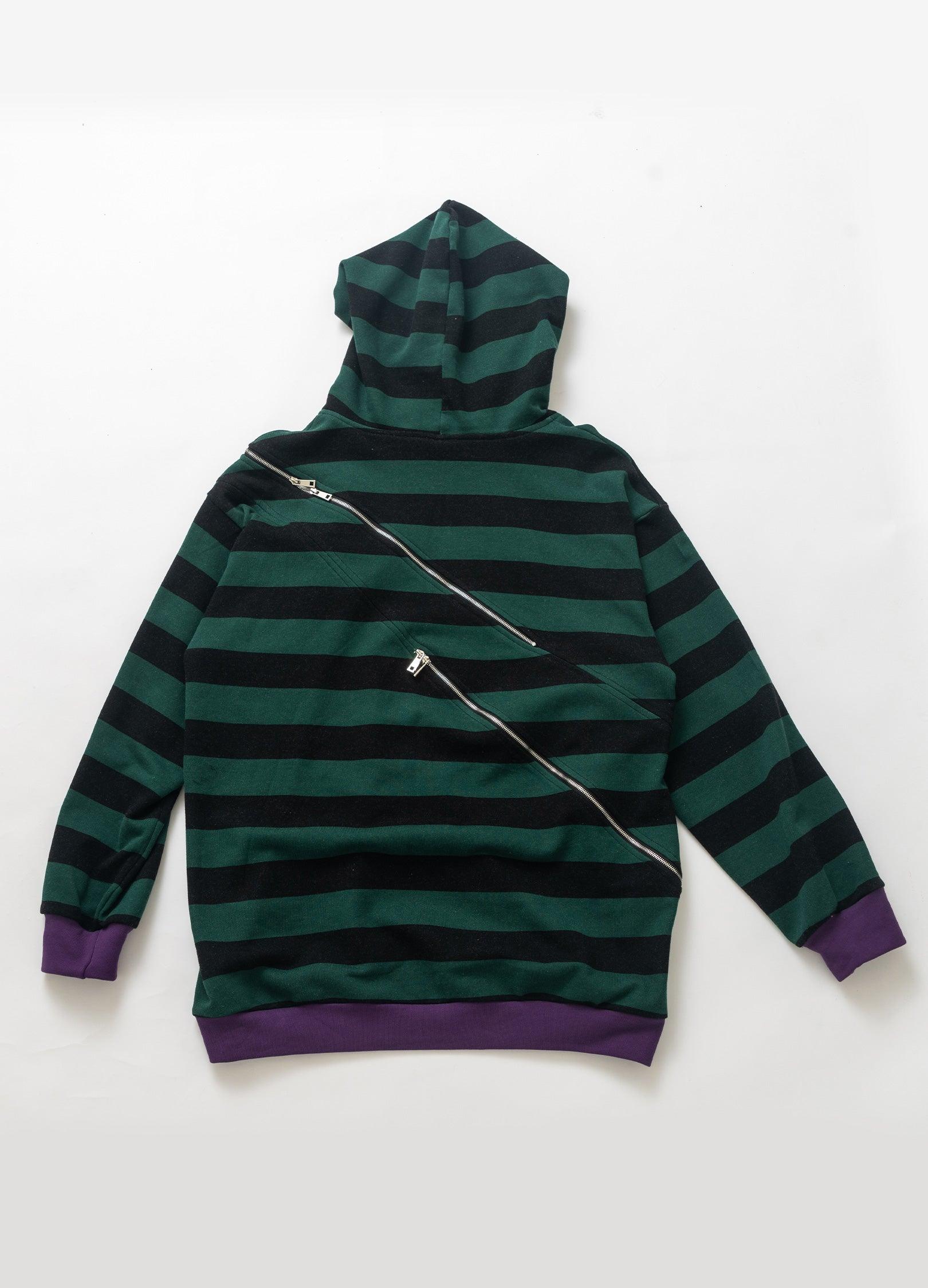 Diagonal Zip Hooded Striped Sweatshirt - chiclara