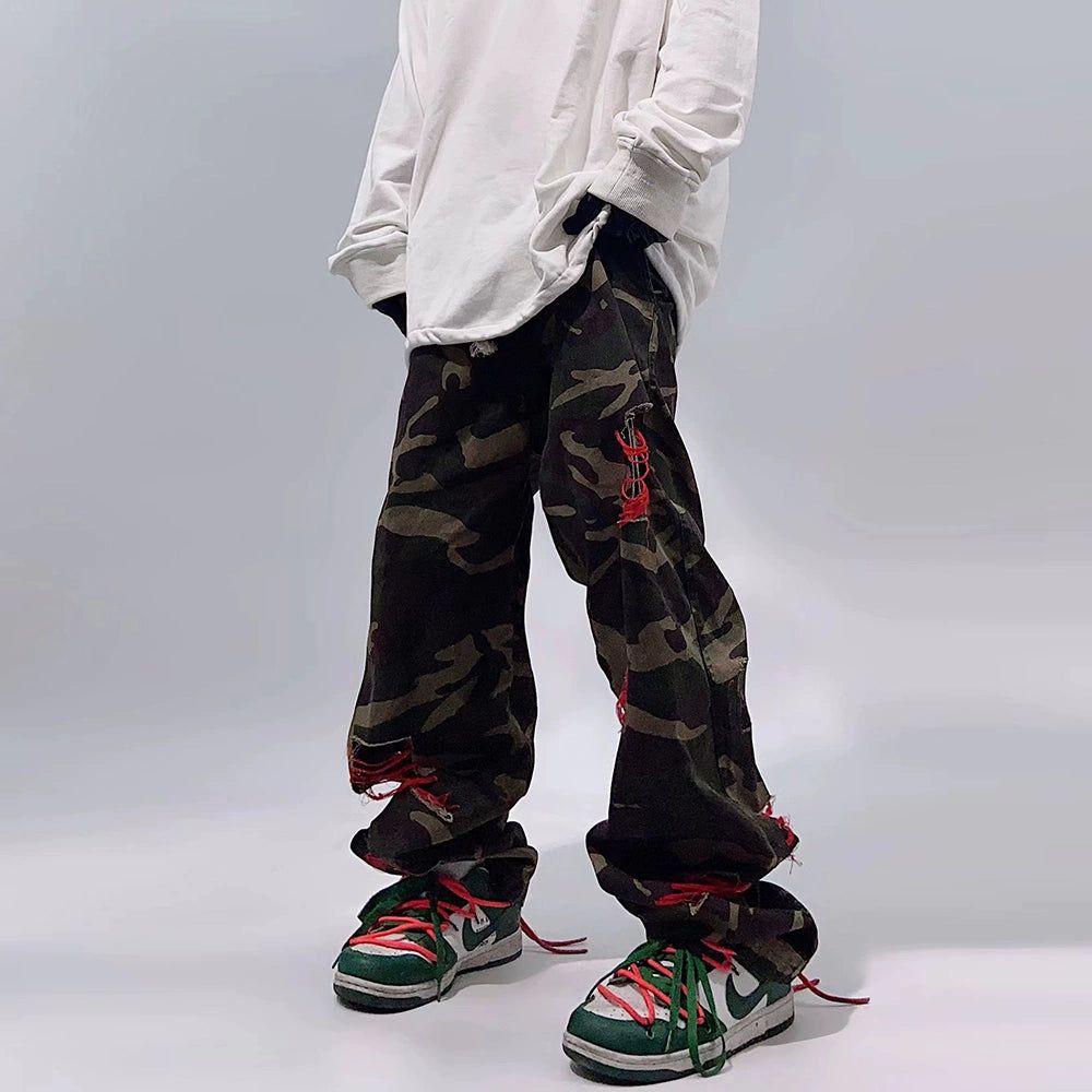 Distressed Camo Wide-Leg Cargo Pants with Red Accents