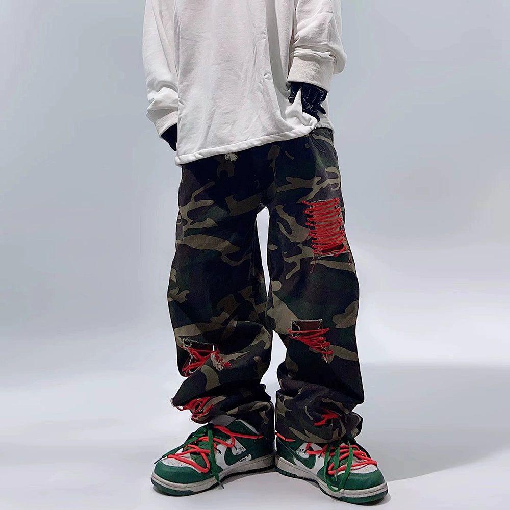 Distressed Camo Wide-Leg Cargo Pants with Red Accents