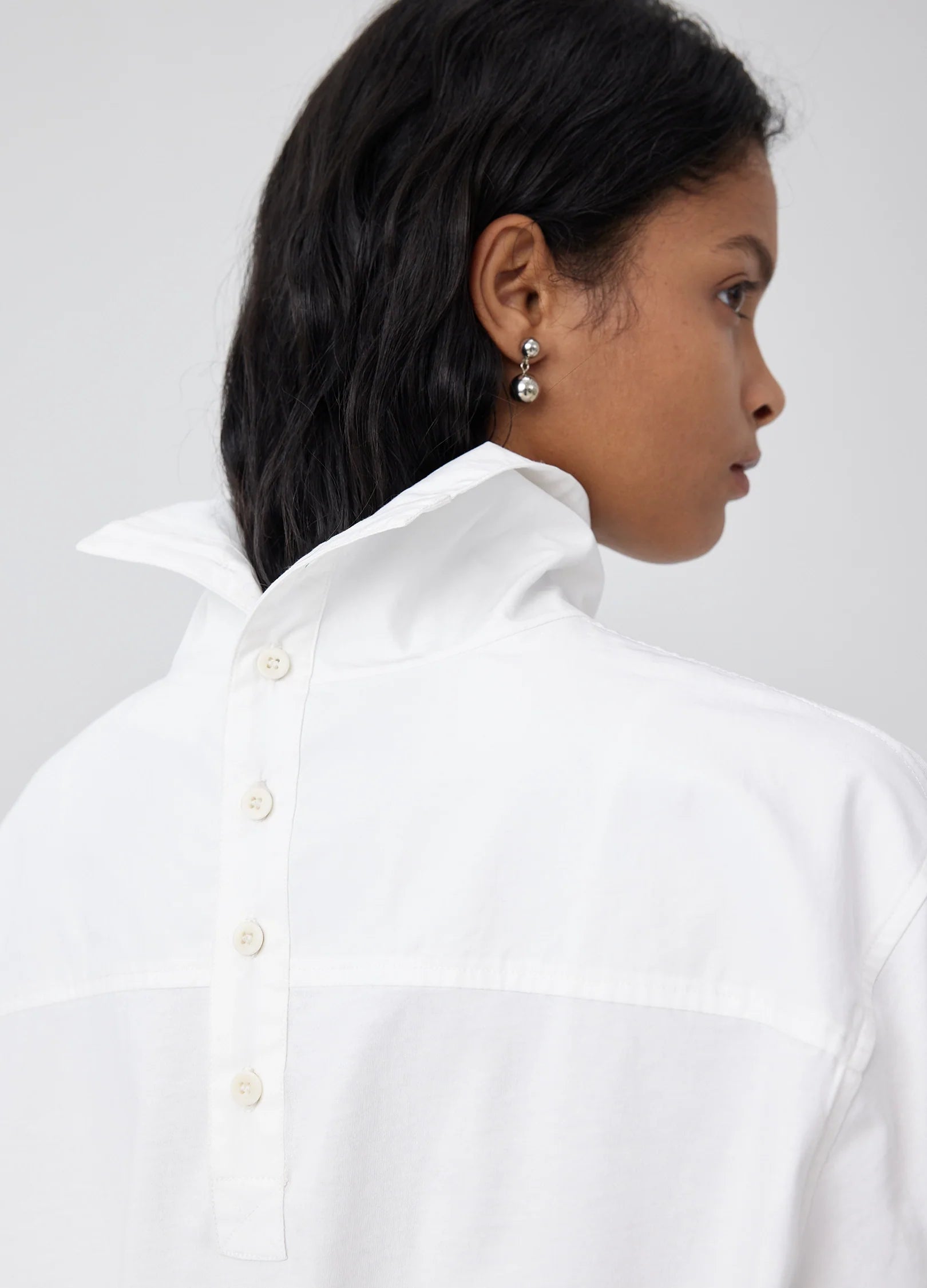 Back-Button High-neck Paneled Oxford Shirt