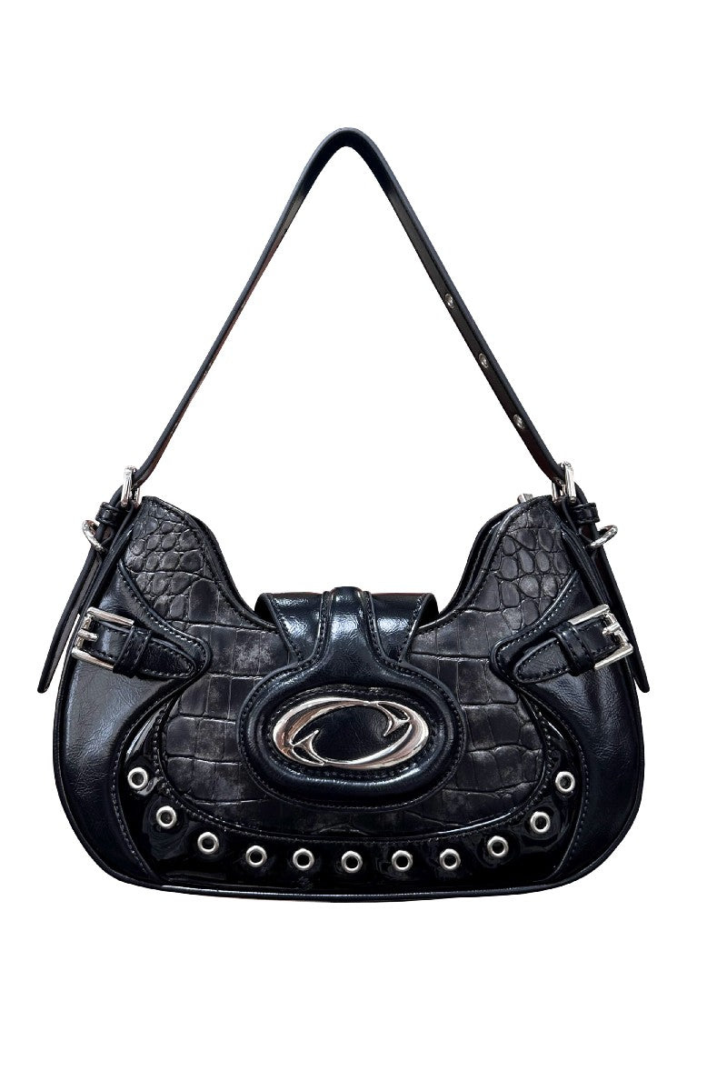 Black Croc Embossed Grommet Hobo Bag