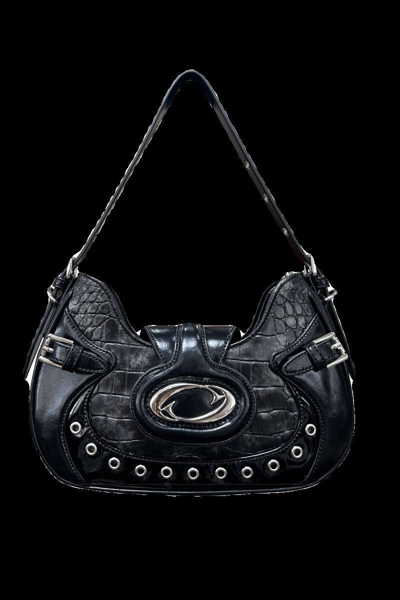 Black Croc Embossed Grommet Hobo Bag