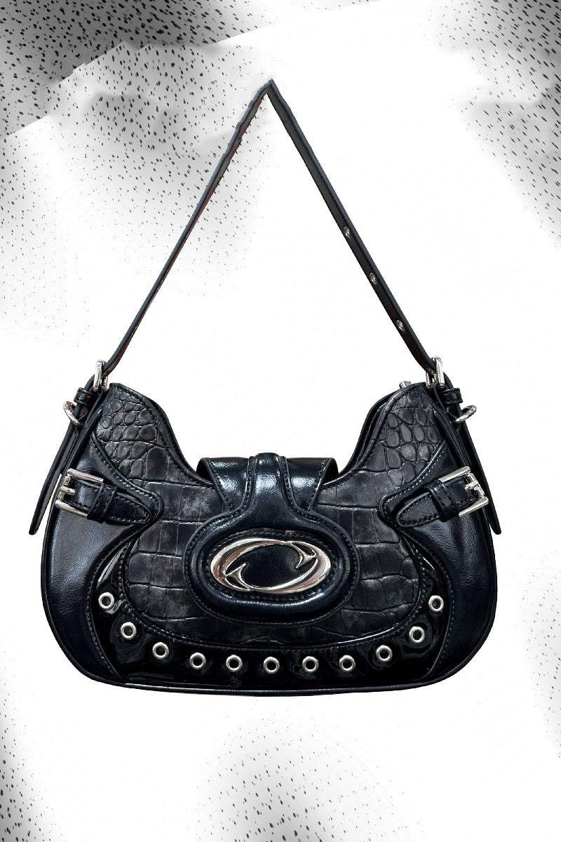Black Croc Embossed Grommet Hobo Bag