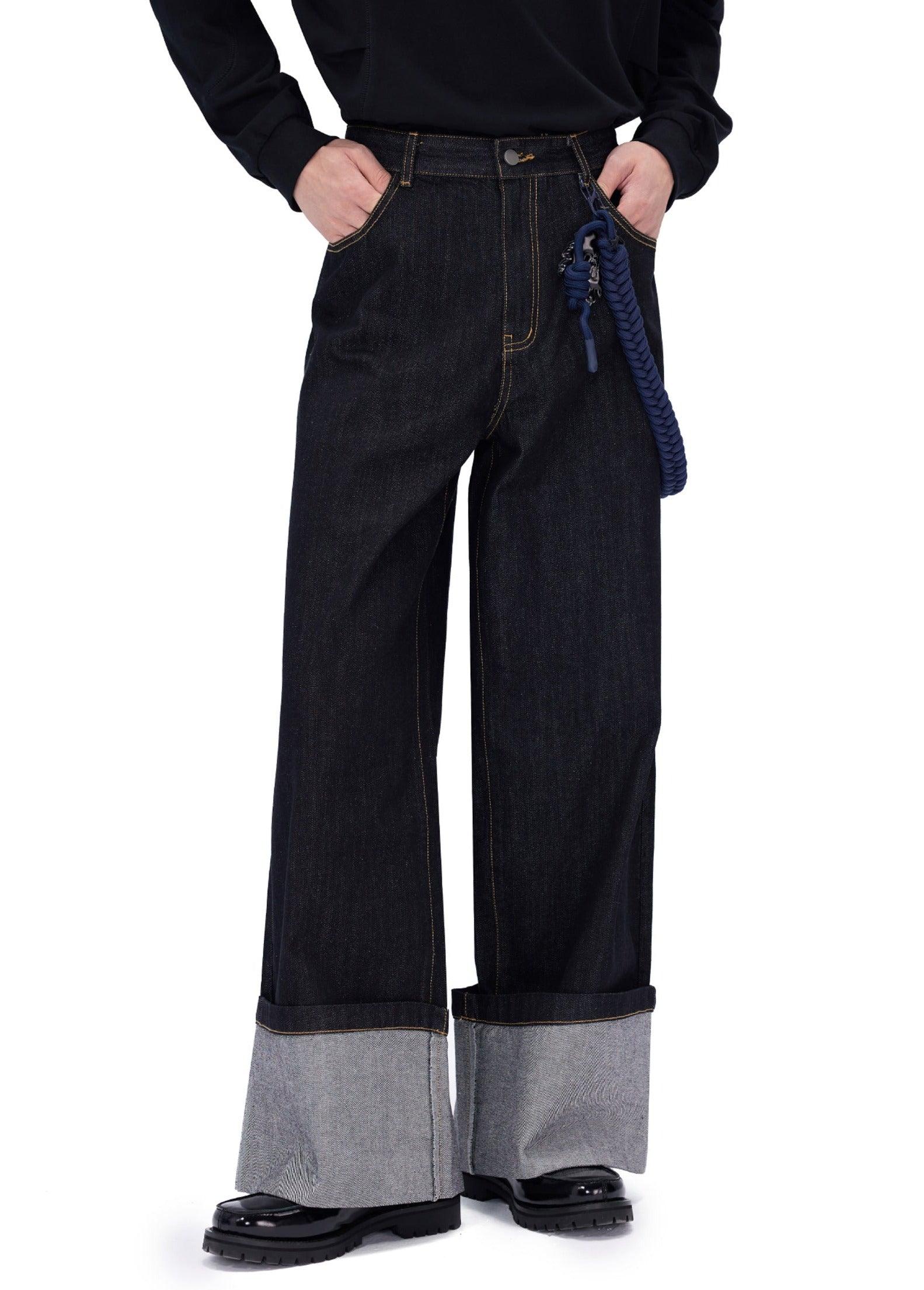 Oversized Cuffed Wide-Leg Denim Pants - chiclara