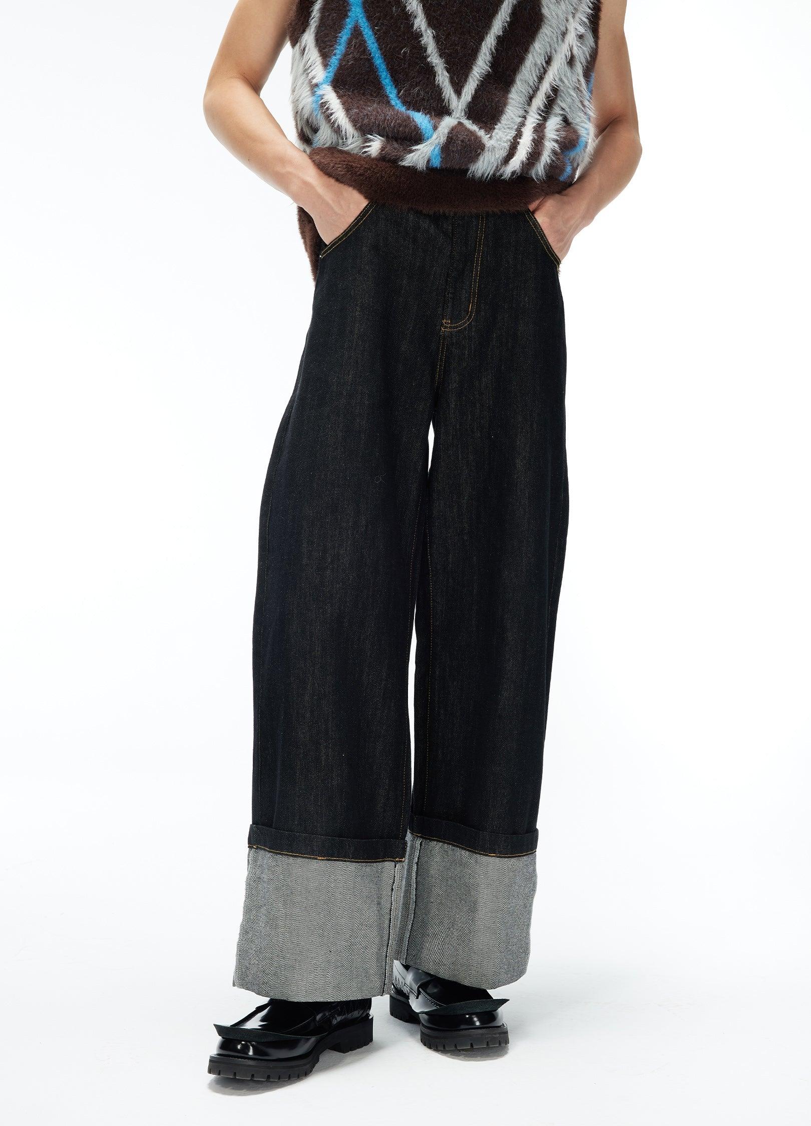 Oversized Cuffed Wide-Leg Denim Pants - chiclara