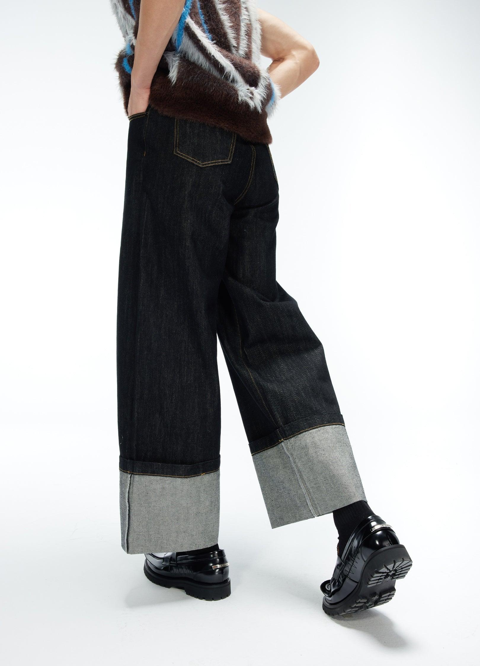 Oversized Cuffed Wide-Leg Denim Pants - chiclara