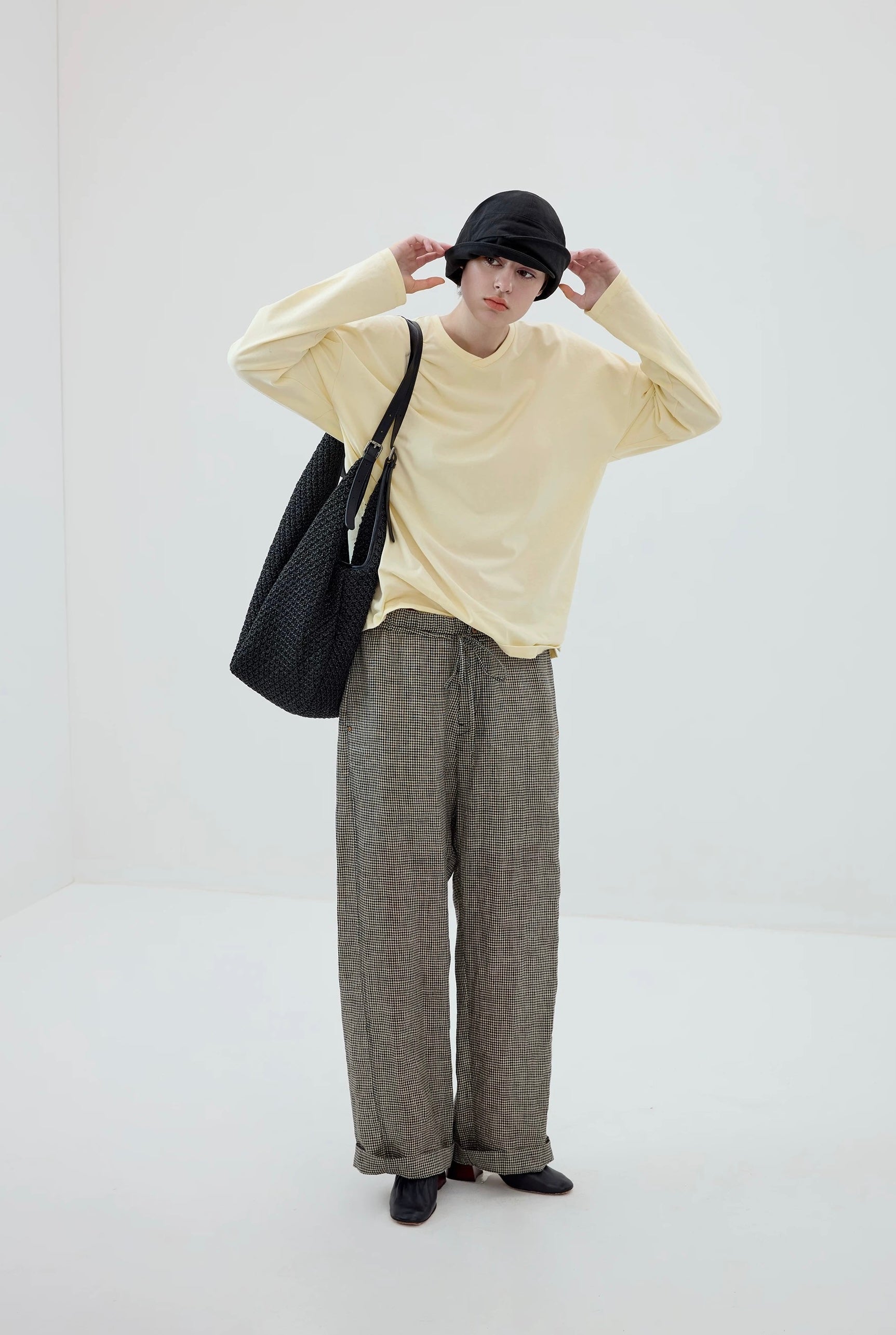 Plaid Linen Drawstring Trousers