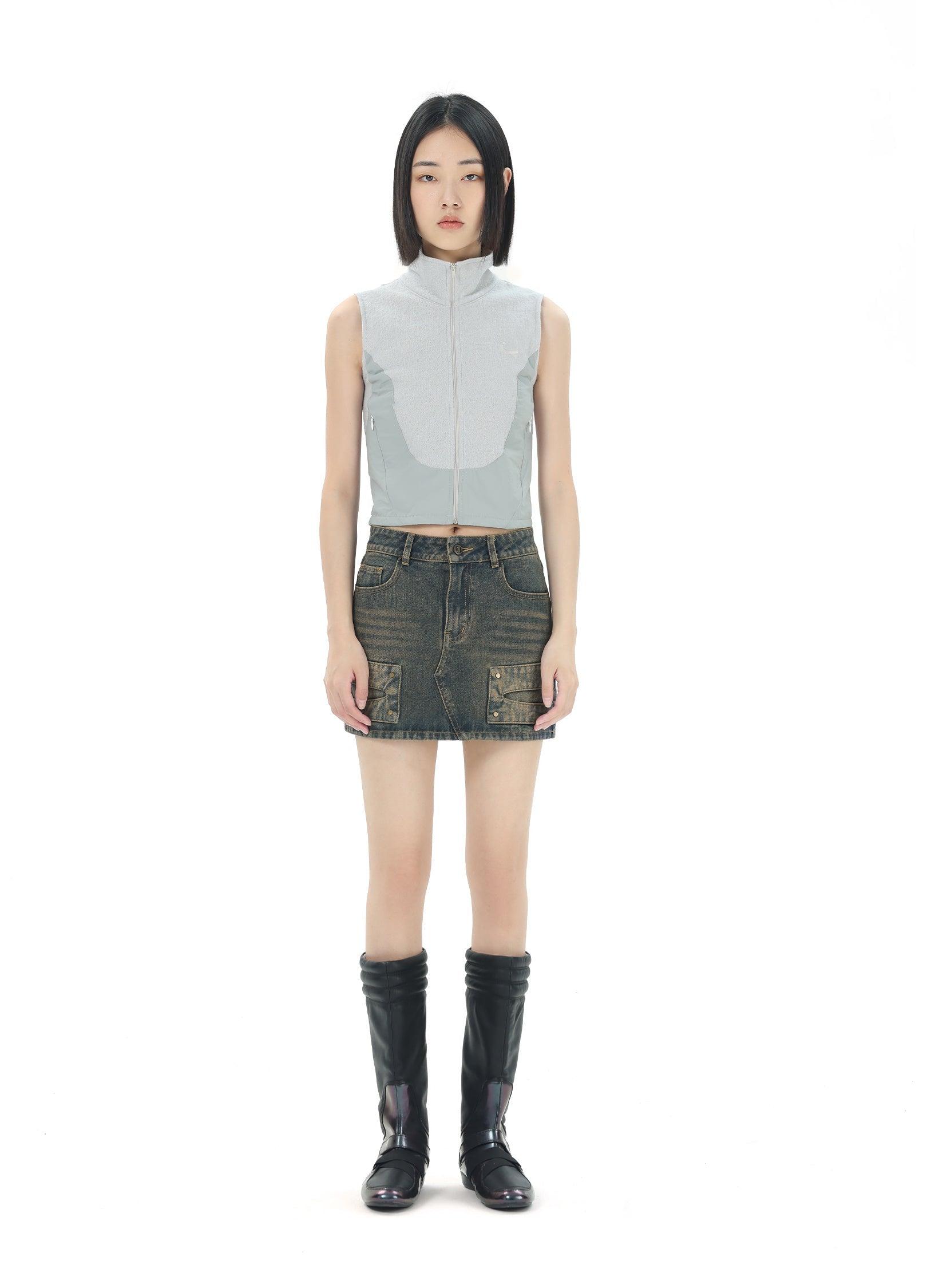 Vintage Grey Denim Mini Skirt with Studded and Embroidered Details - chiclara