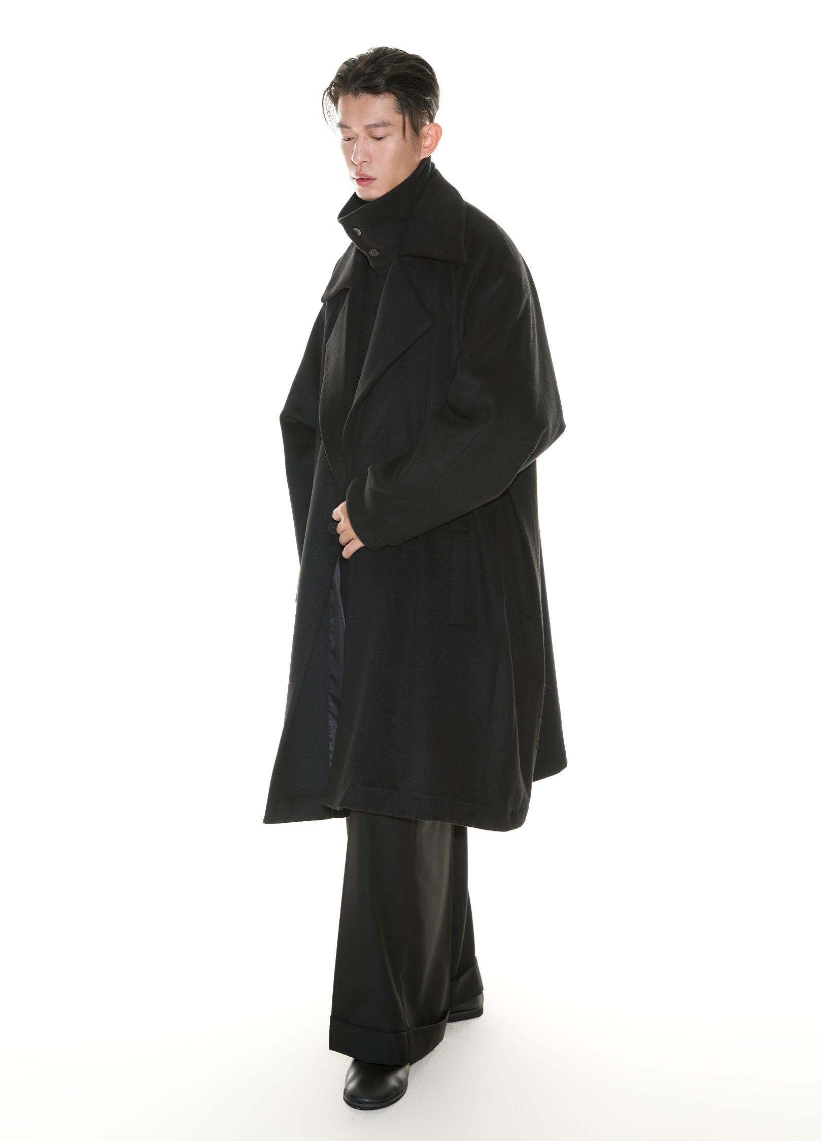 VAPOUR BLUE Double Layer Notch Lapel Overcoat with Removable Hood - chiclara