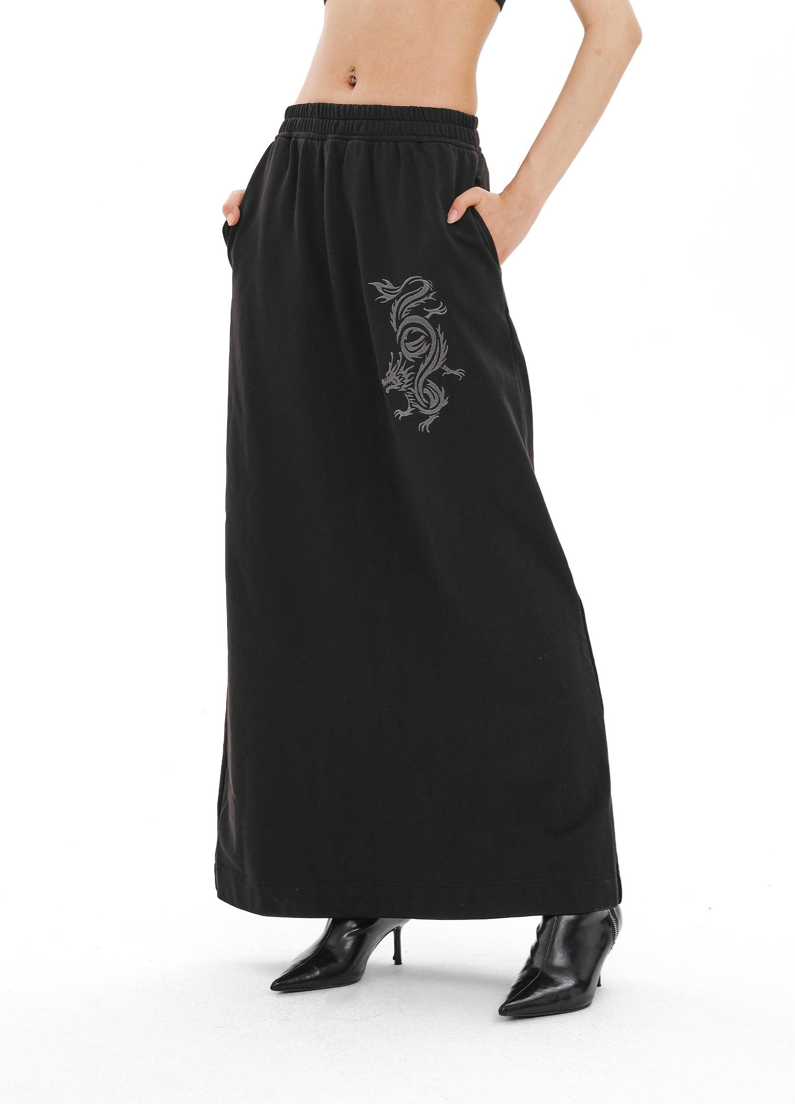 Majestic Dragon Embroidered Wide-Leg Skirt - chiclara