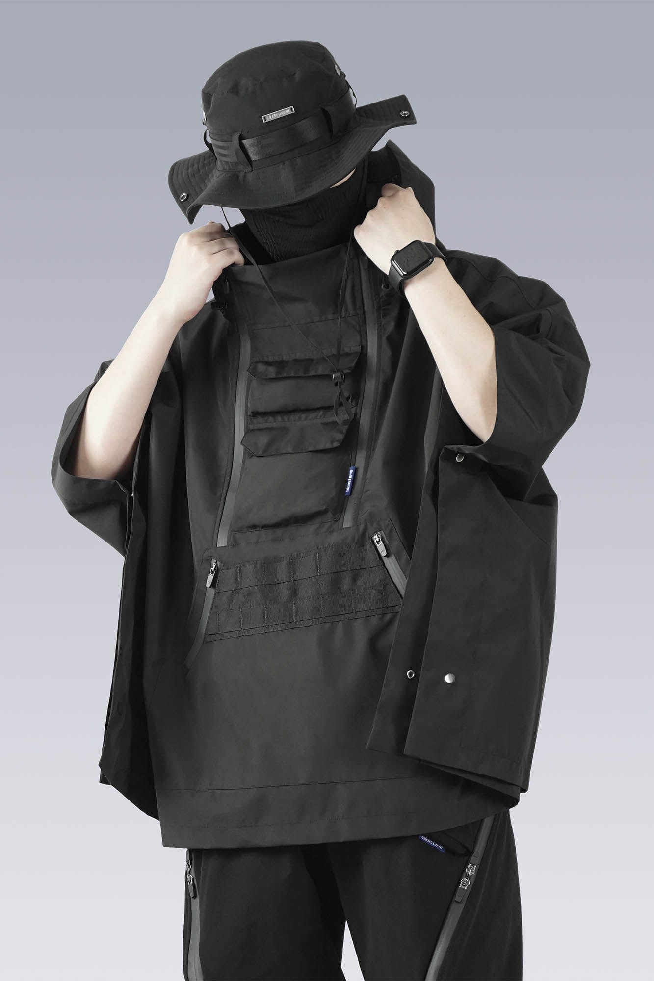 Techwear Poncho Jacket with Utility Chest Rig