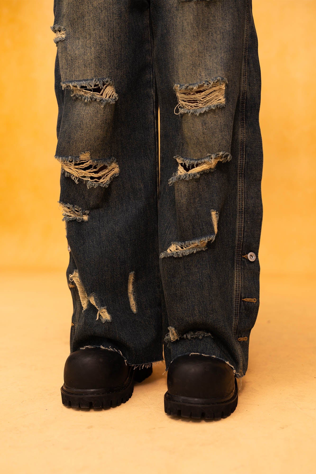 Heavy Distressed Buttoned Straight Leg Jeans