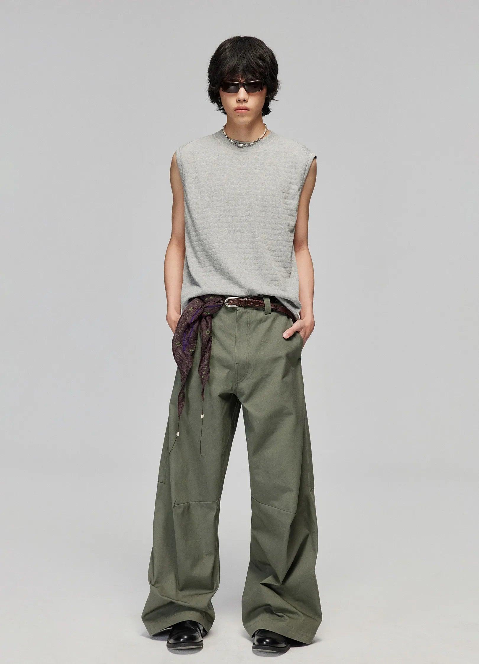 Wide-Leg Cotton Trousers with Darted Knees - chiclara