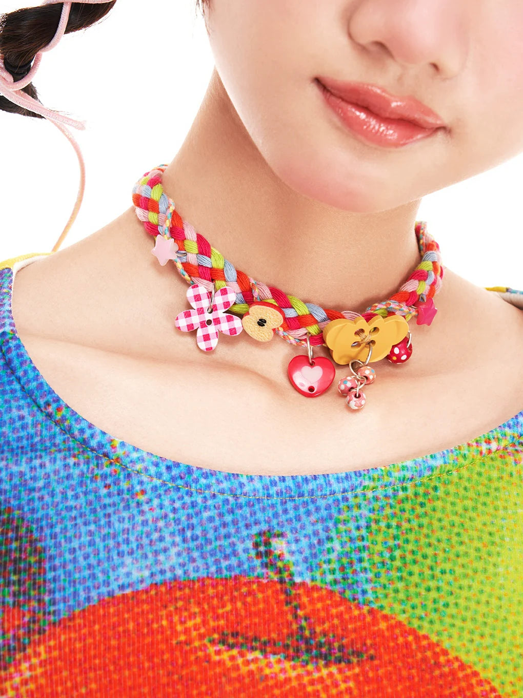 Rainbow Braided Charm Choker Necklace