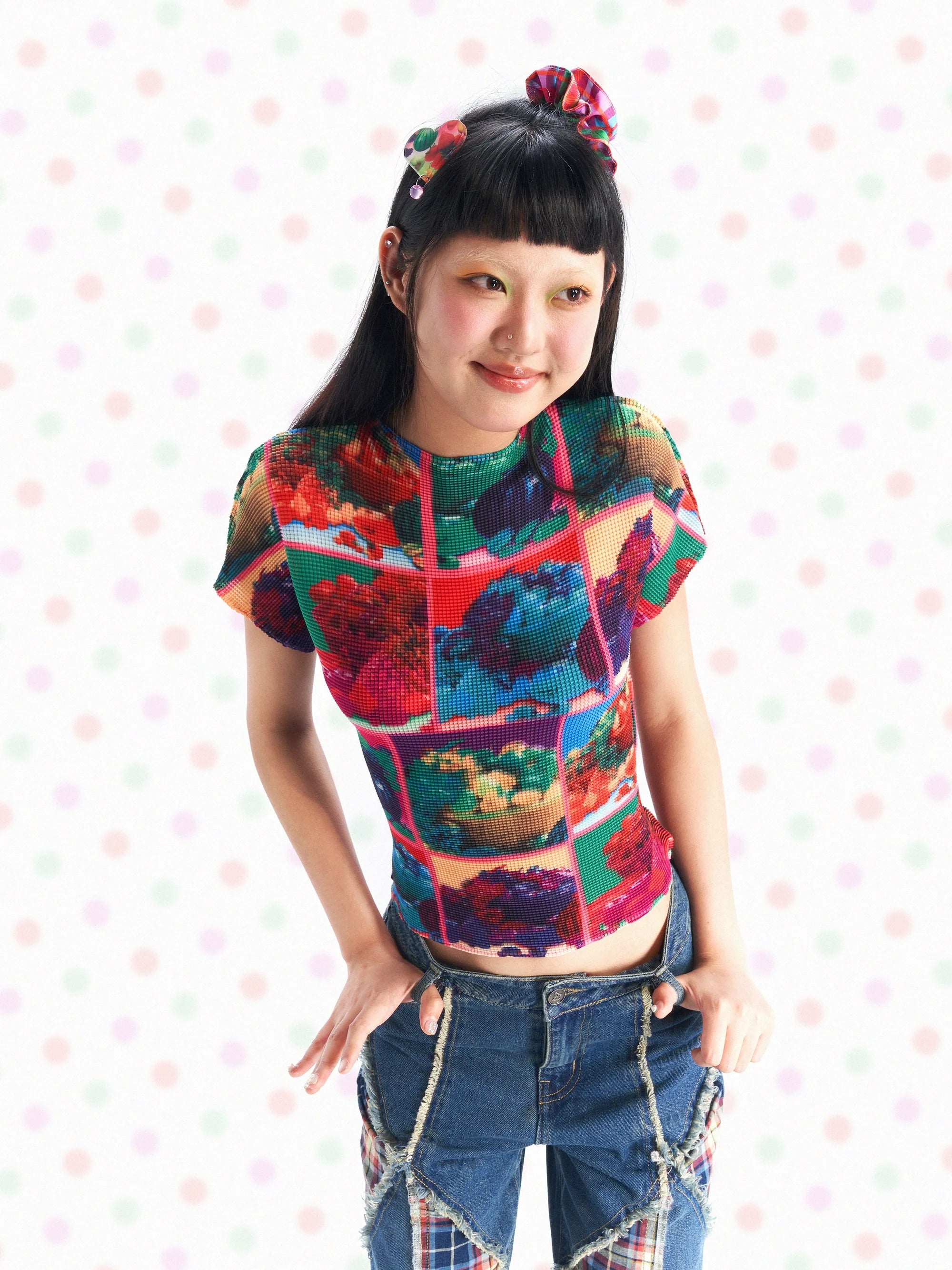 Digital Fruit Print Mesh Crop Top
