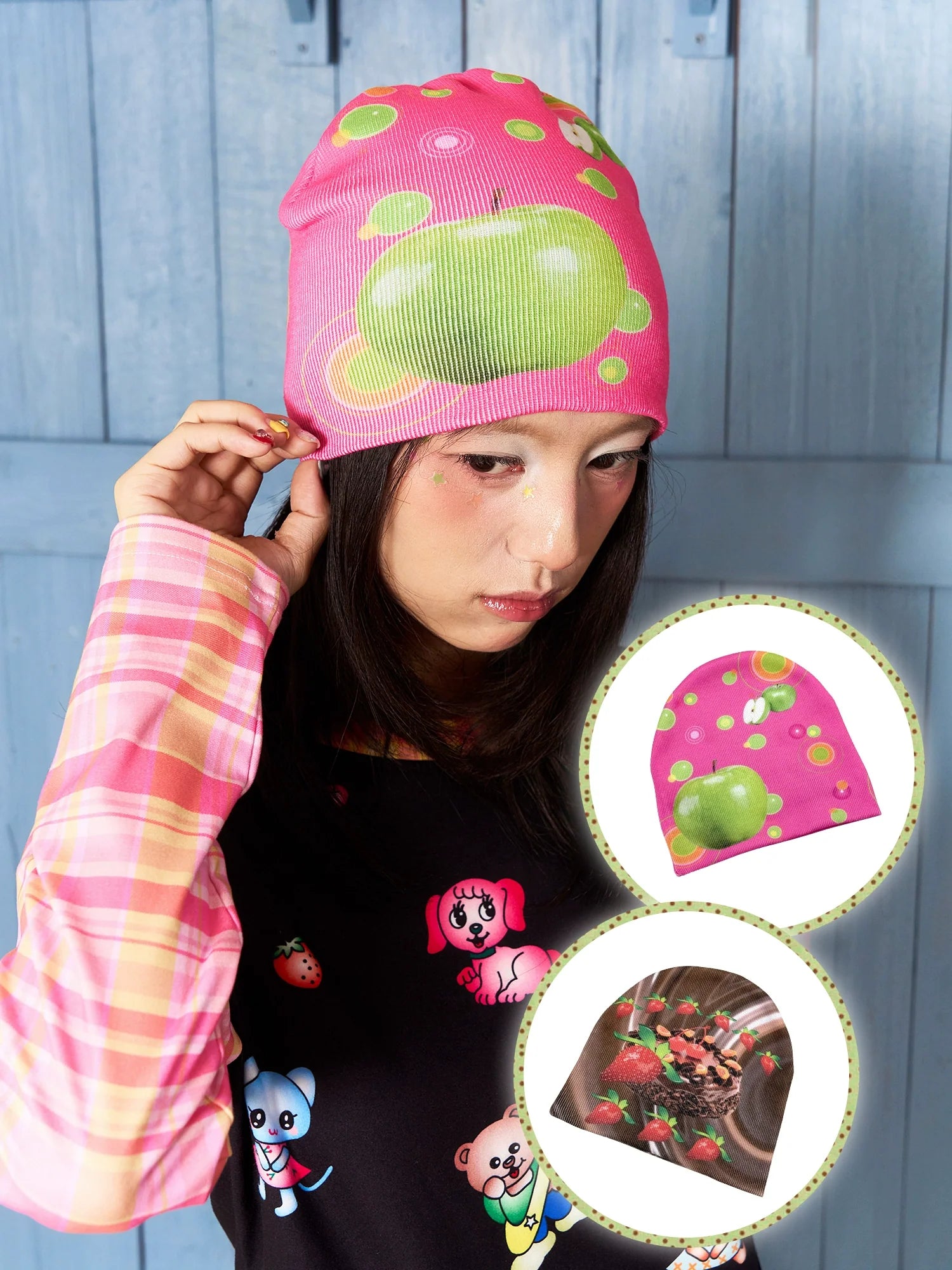 Pink Green Apple Print Beanie Hat