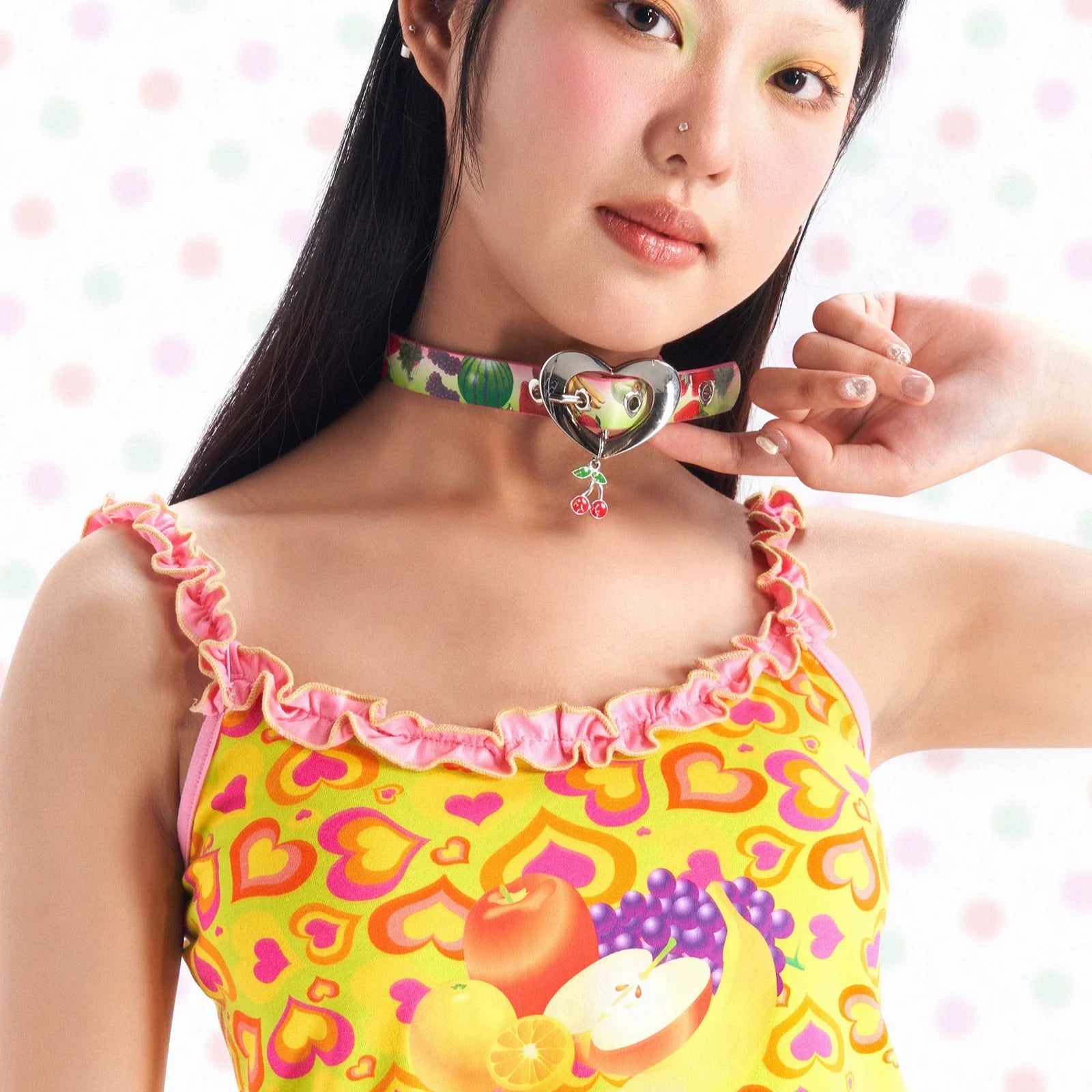 Heart Lock Fruit Print Choker Necklace