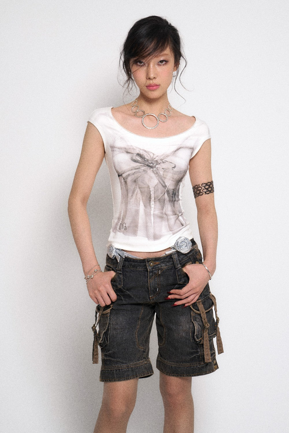 White Ribbon Print Cap Sleeve Top