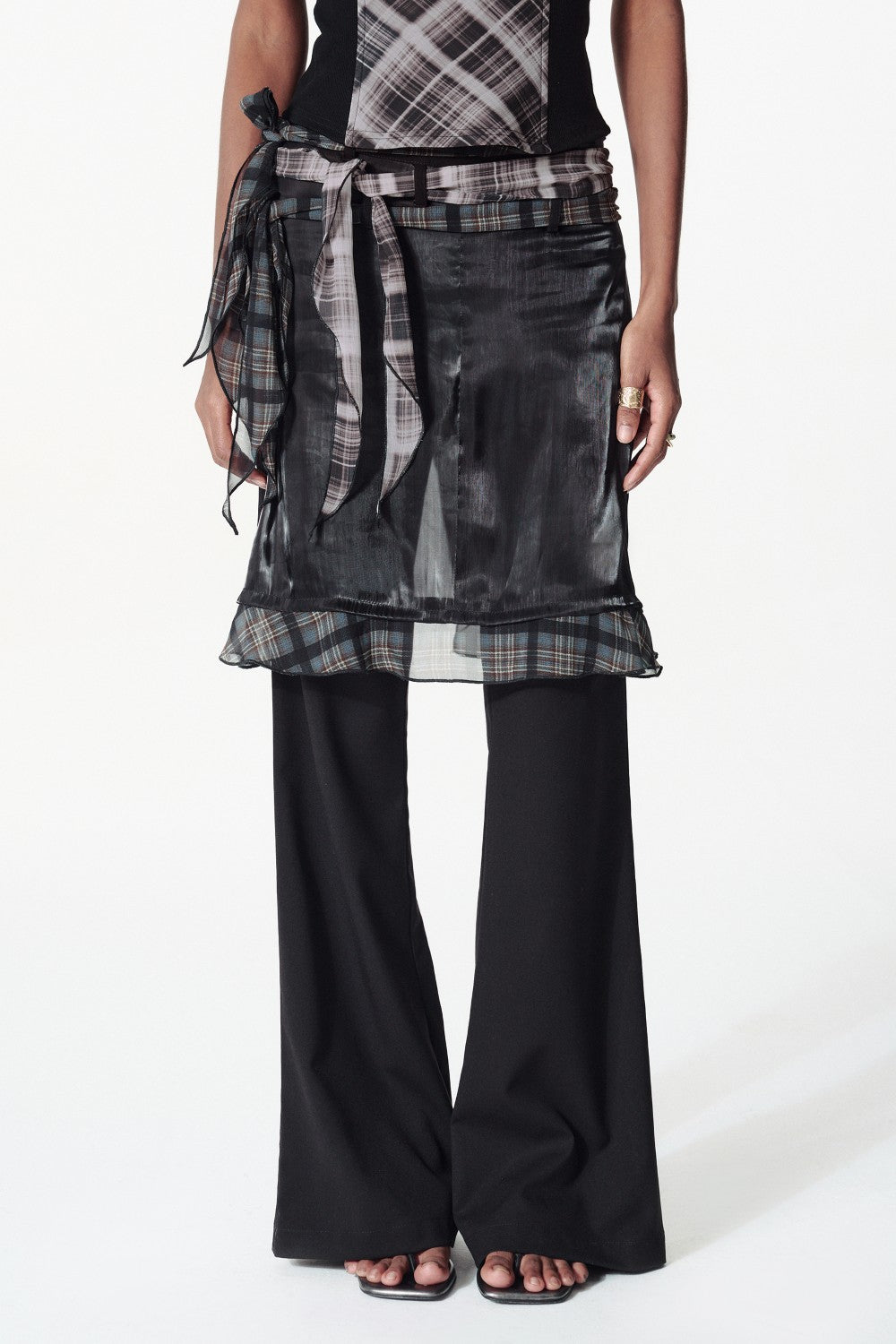 Plaid Trim Layered Satin Skirt Pants