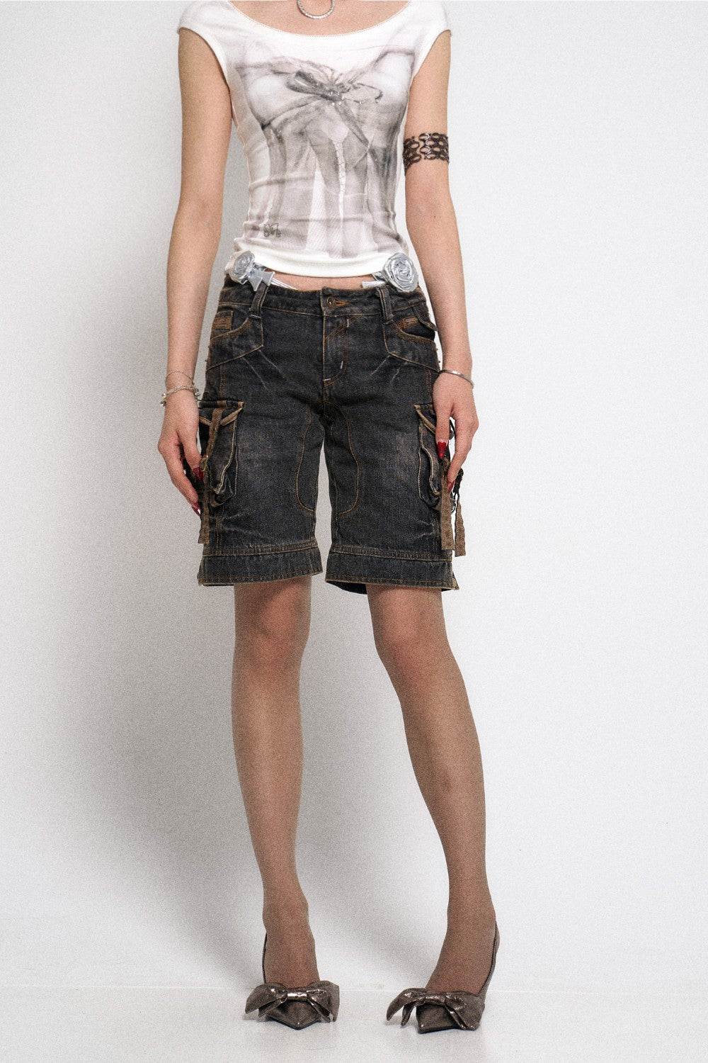 Retro Dark Denim Cargo Bermuda Shorts