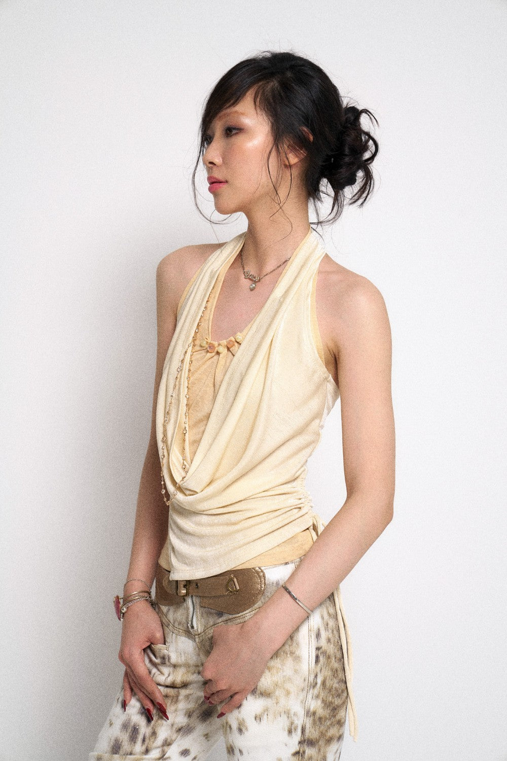 Cream Draped Cowl Neck Halter Top