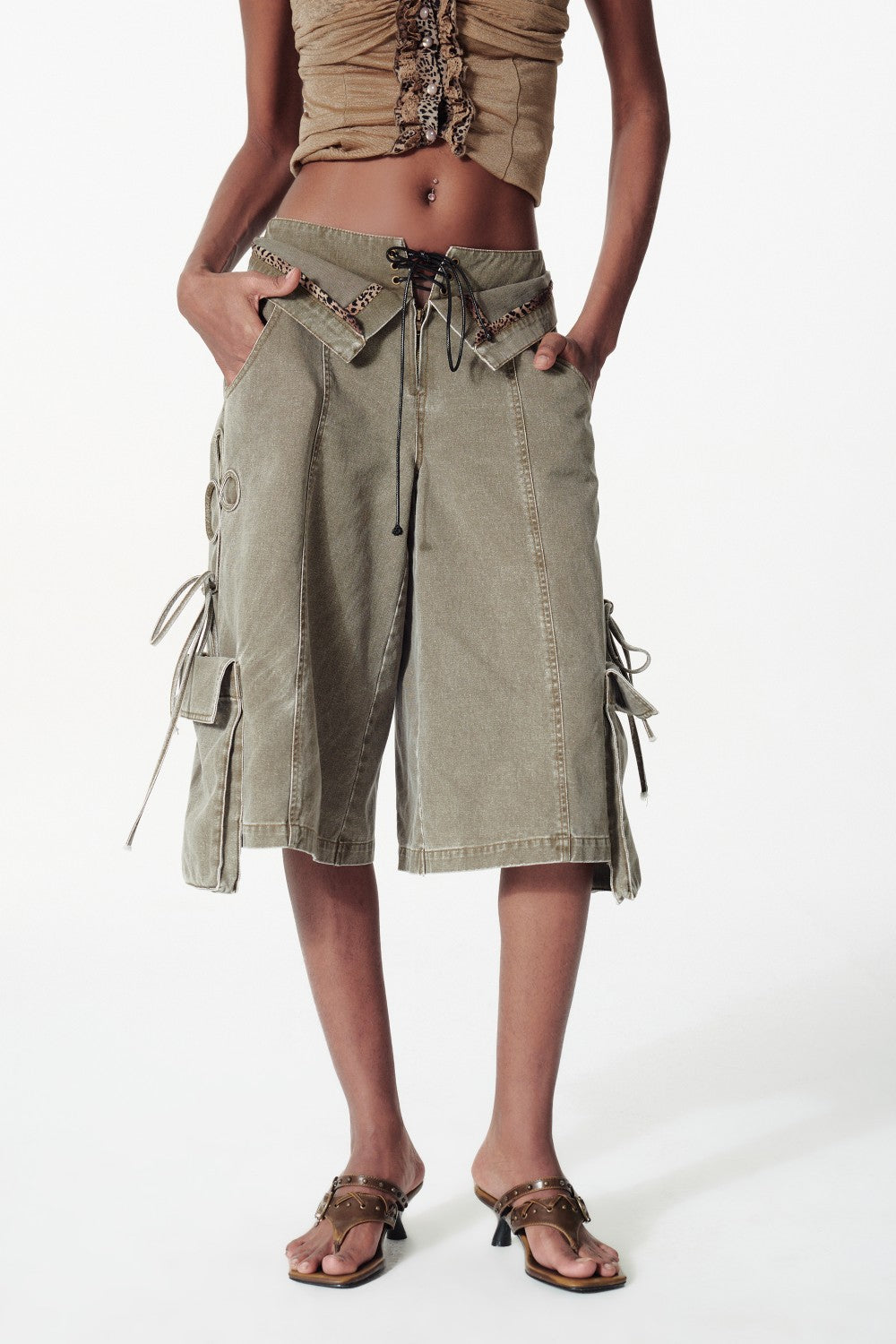 Wide Leg Cargo Capri Shorts with Side Ties
