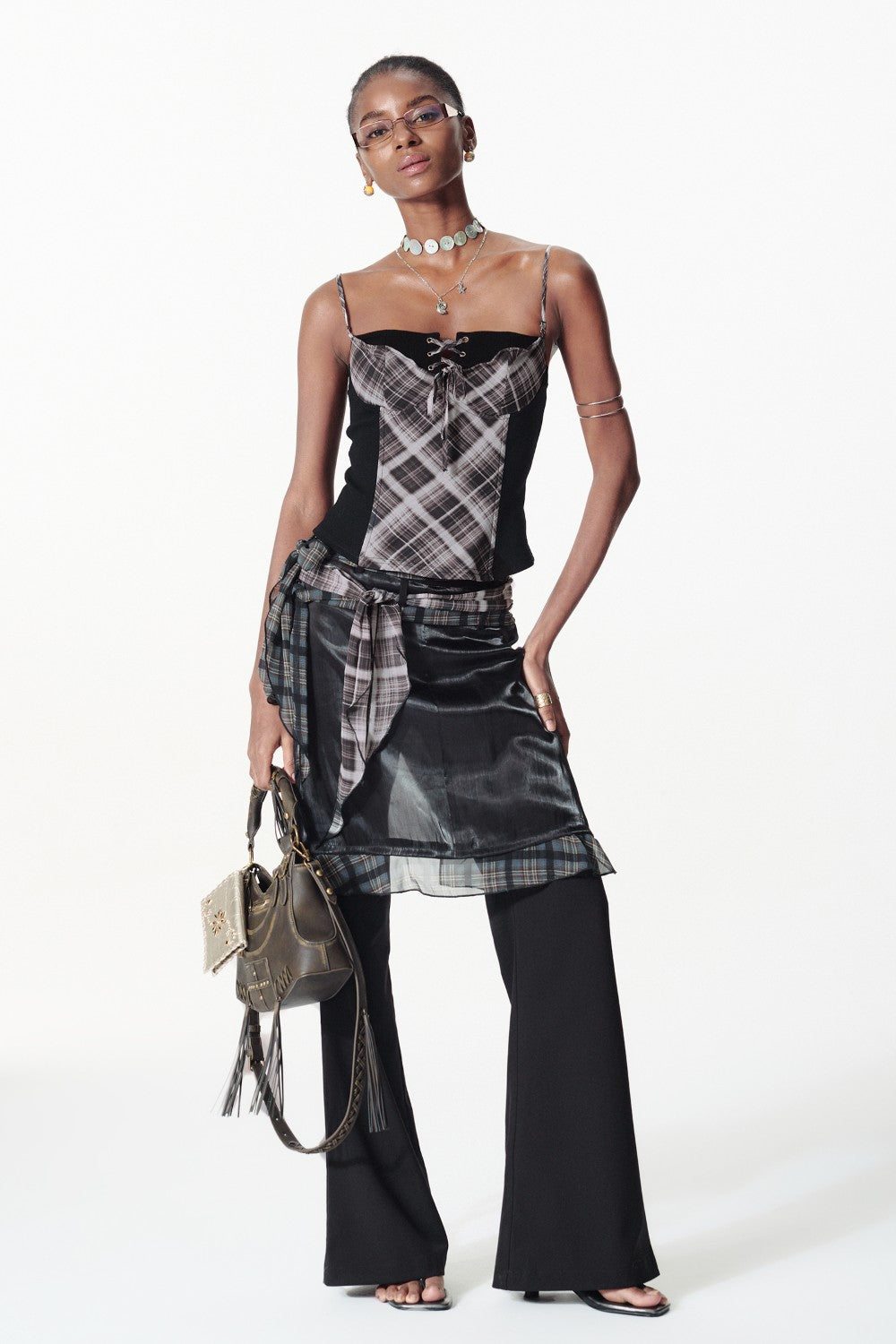 Plaid Trim Layered Satin Skirt Pants