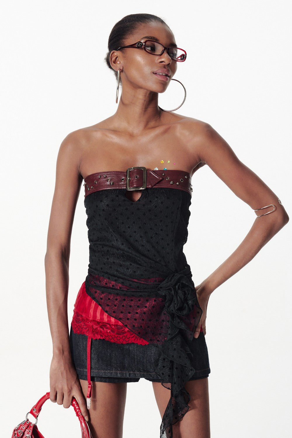 Strapless Top with Studded Leather Belt