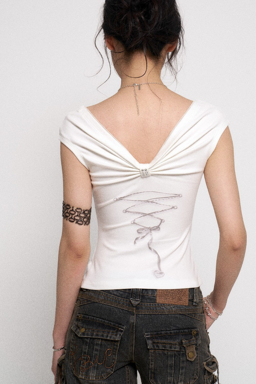 White Ribbon Print Cap Sleeve Top