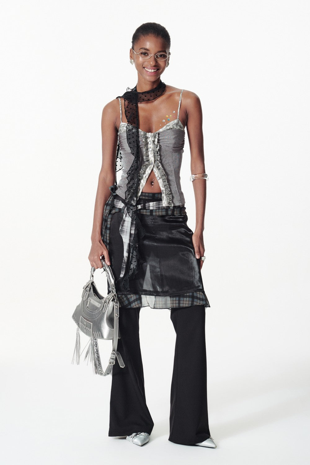 Plaid Trim Layered Satin Skirt Pants