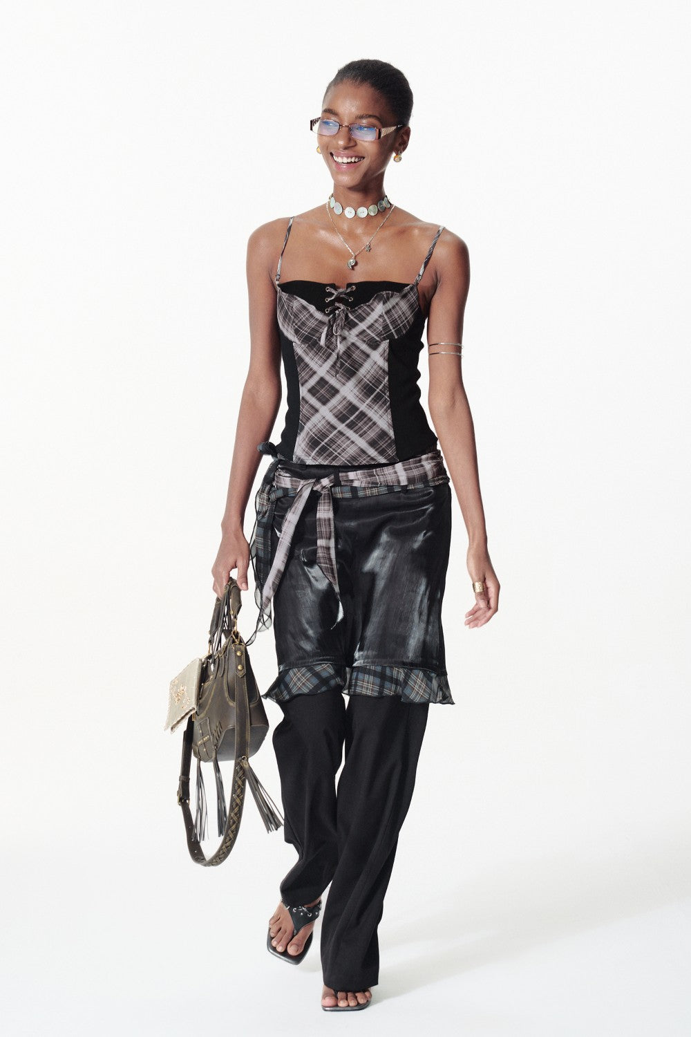 Plaid Lace-Up Corset Tank Top