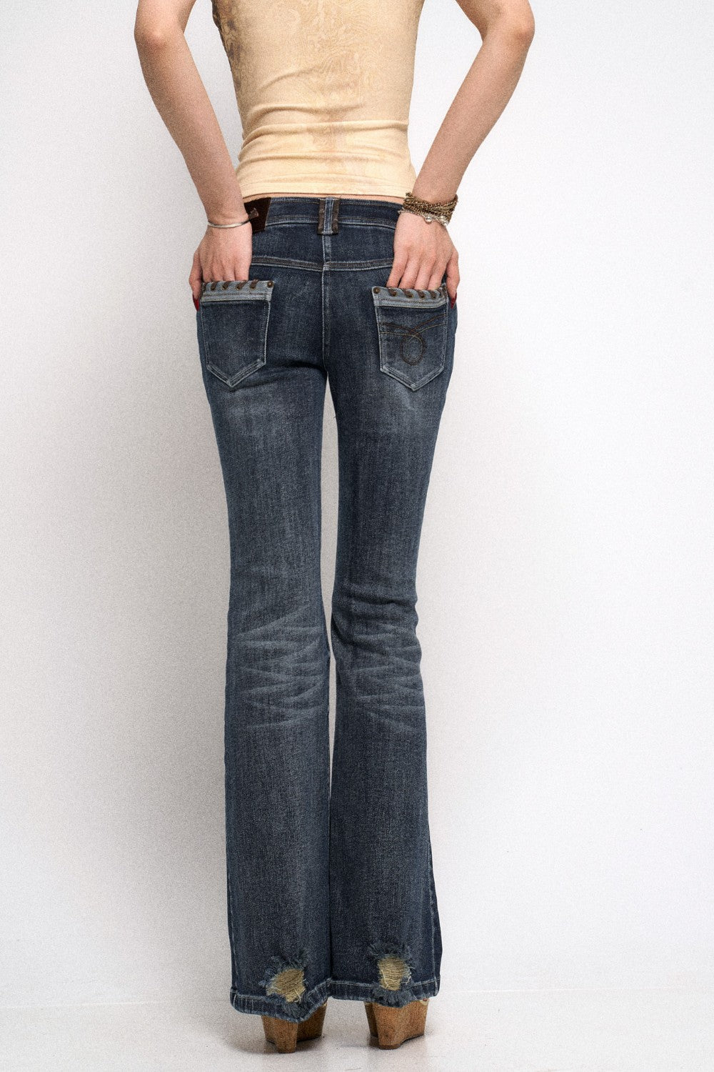 Ripped Distressed Dark Flare Denim Jeans