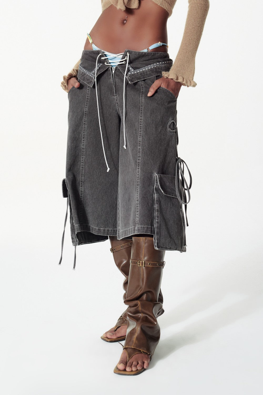 Wide Leg Cargo Capri Shorts with Side Ties