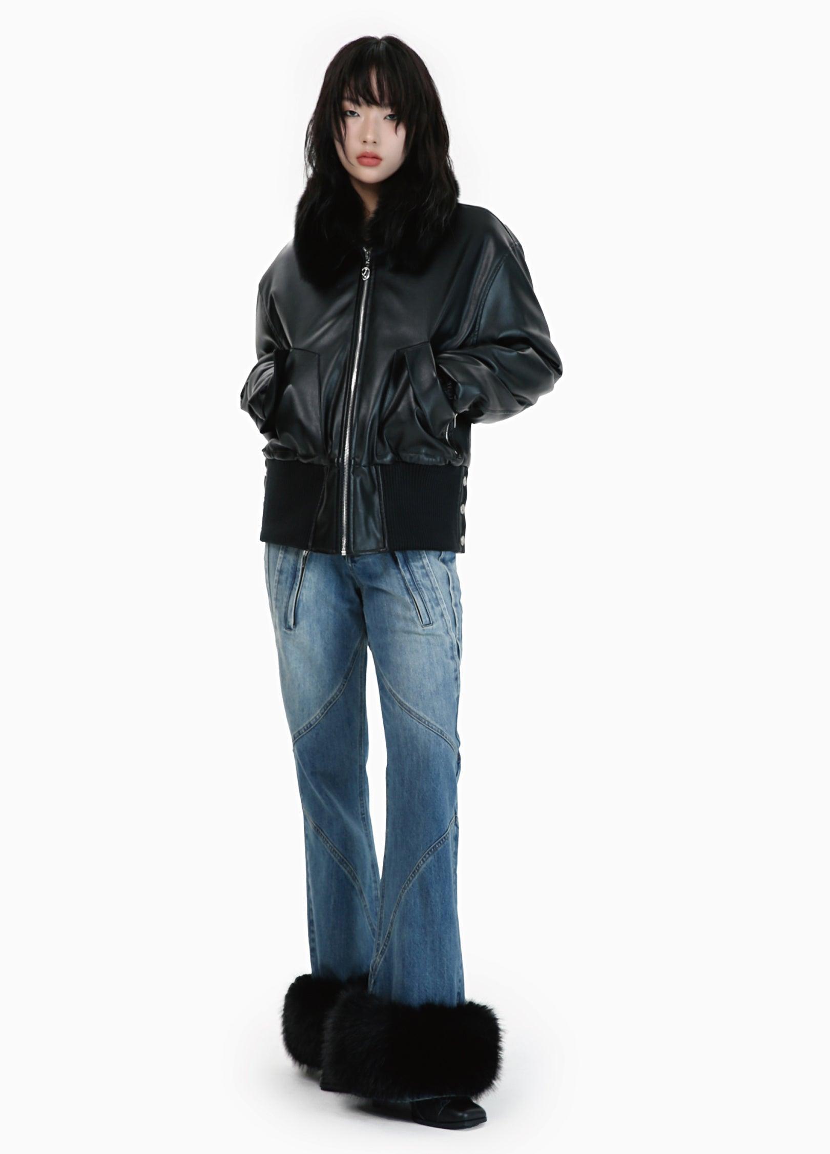 Winter-Ready PU Leather Jacket with Removable Fur Collar - chiclara