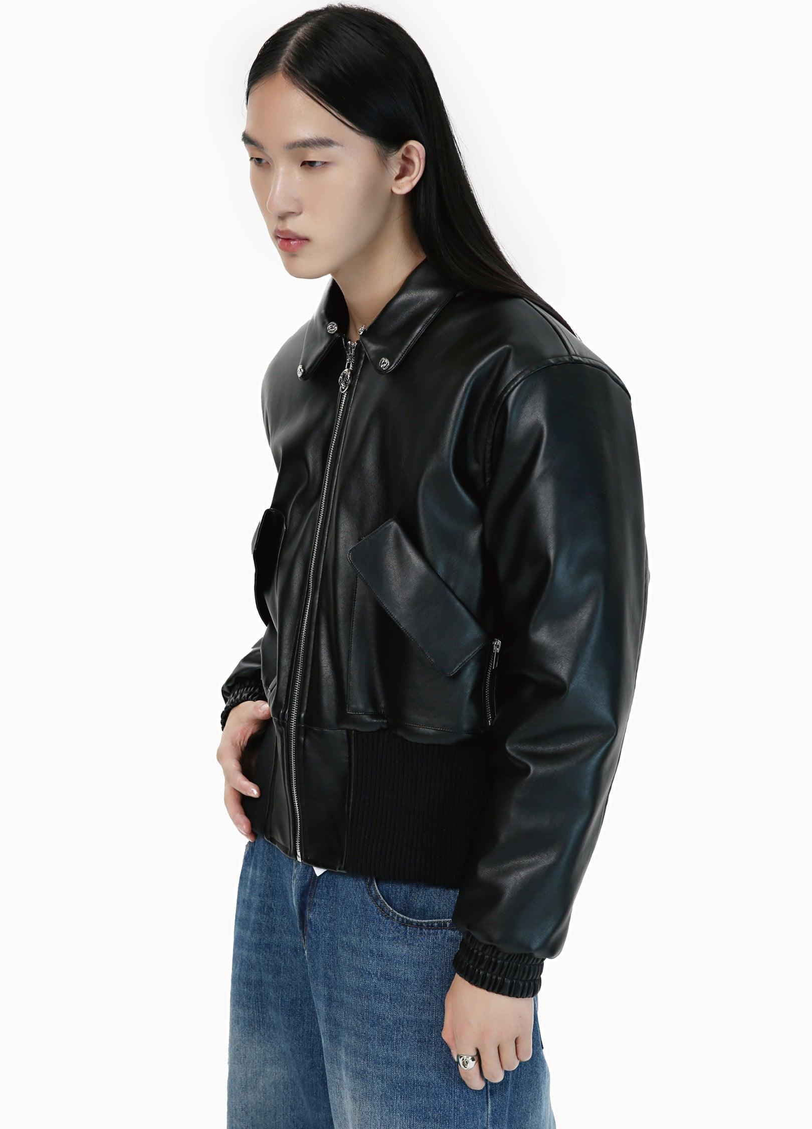 Winter-Ready PU Leather Jacket with Removable Fur Collar - chiclara