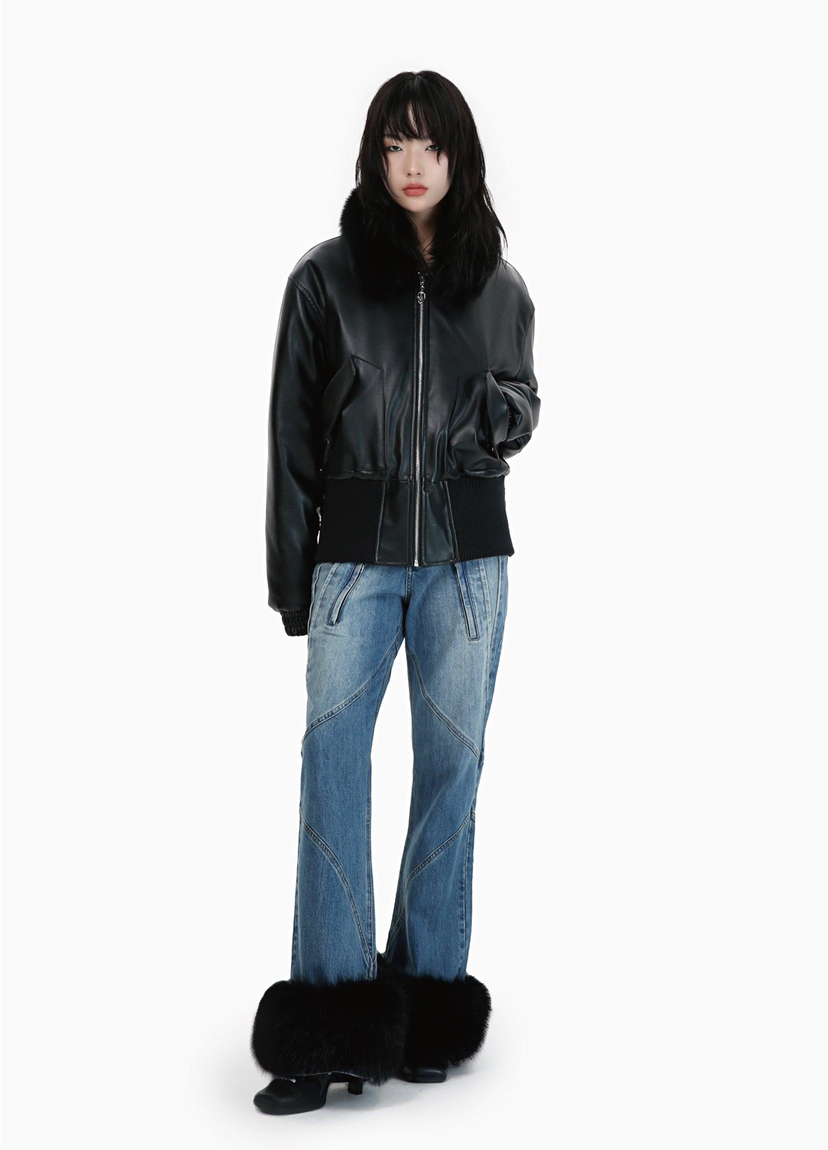 Winter-Ready PU Leather Jacket with Removable Fur Collar - chiclara