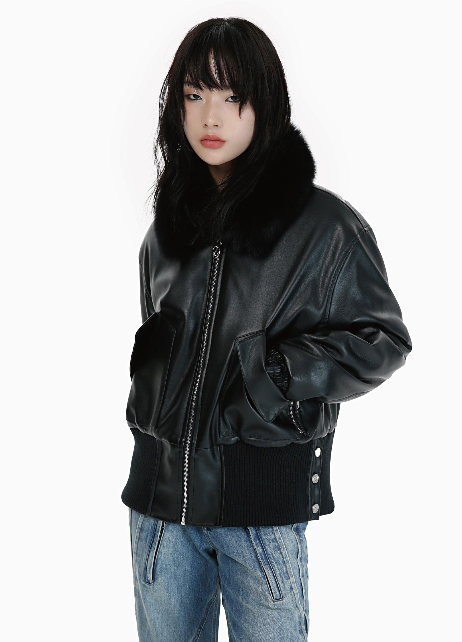 Winter-Ready PU Leather Jacket with Removable Fur Collar - chiclara